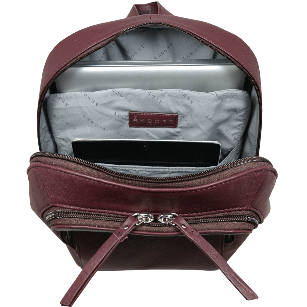 'BAKER' Burgundy Full Grain Leather Double Zip Laptop Backpack