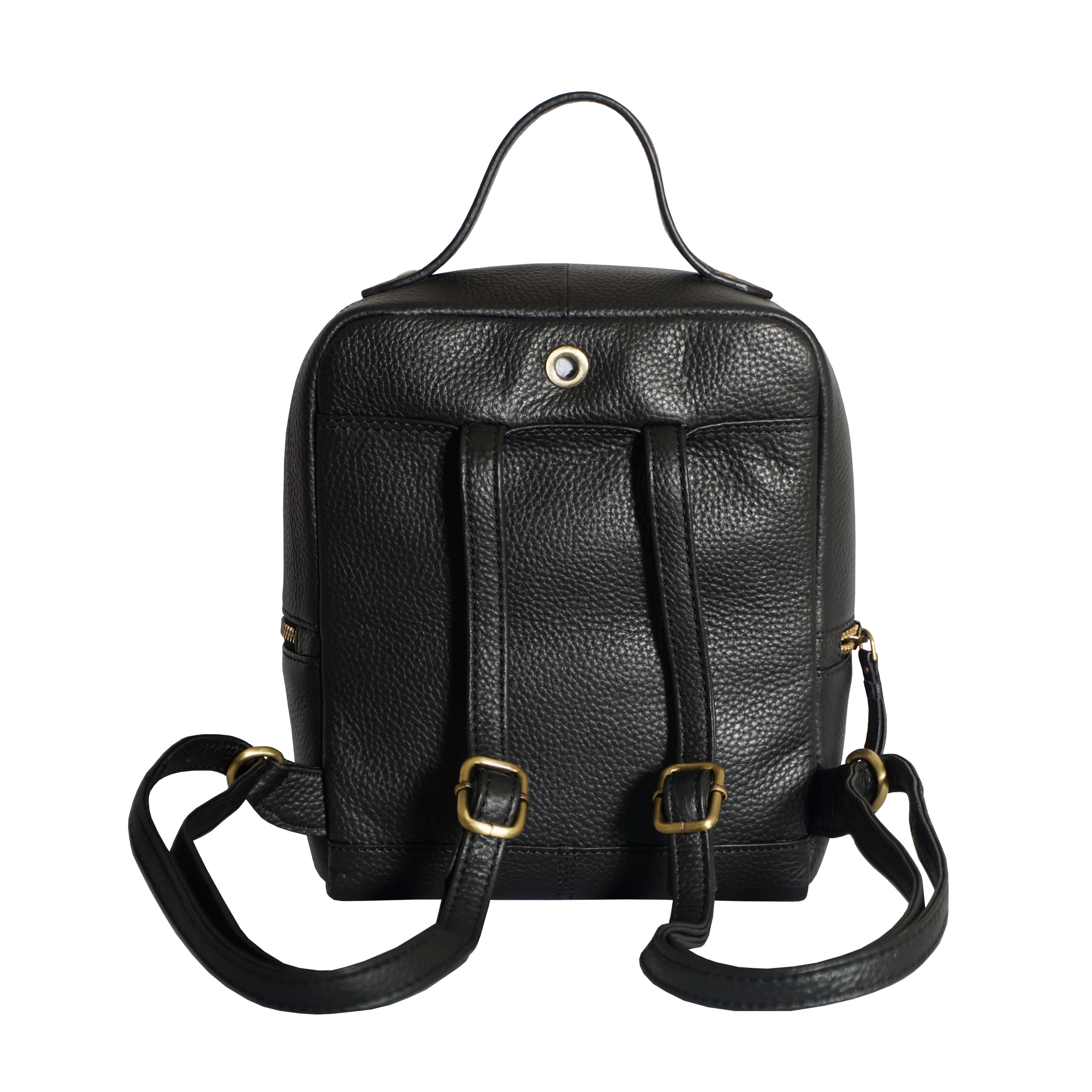 'ELLA' Black Pebble Grain Mini Real Leather Backpack for Women