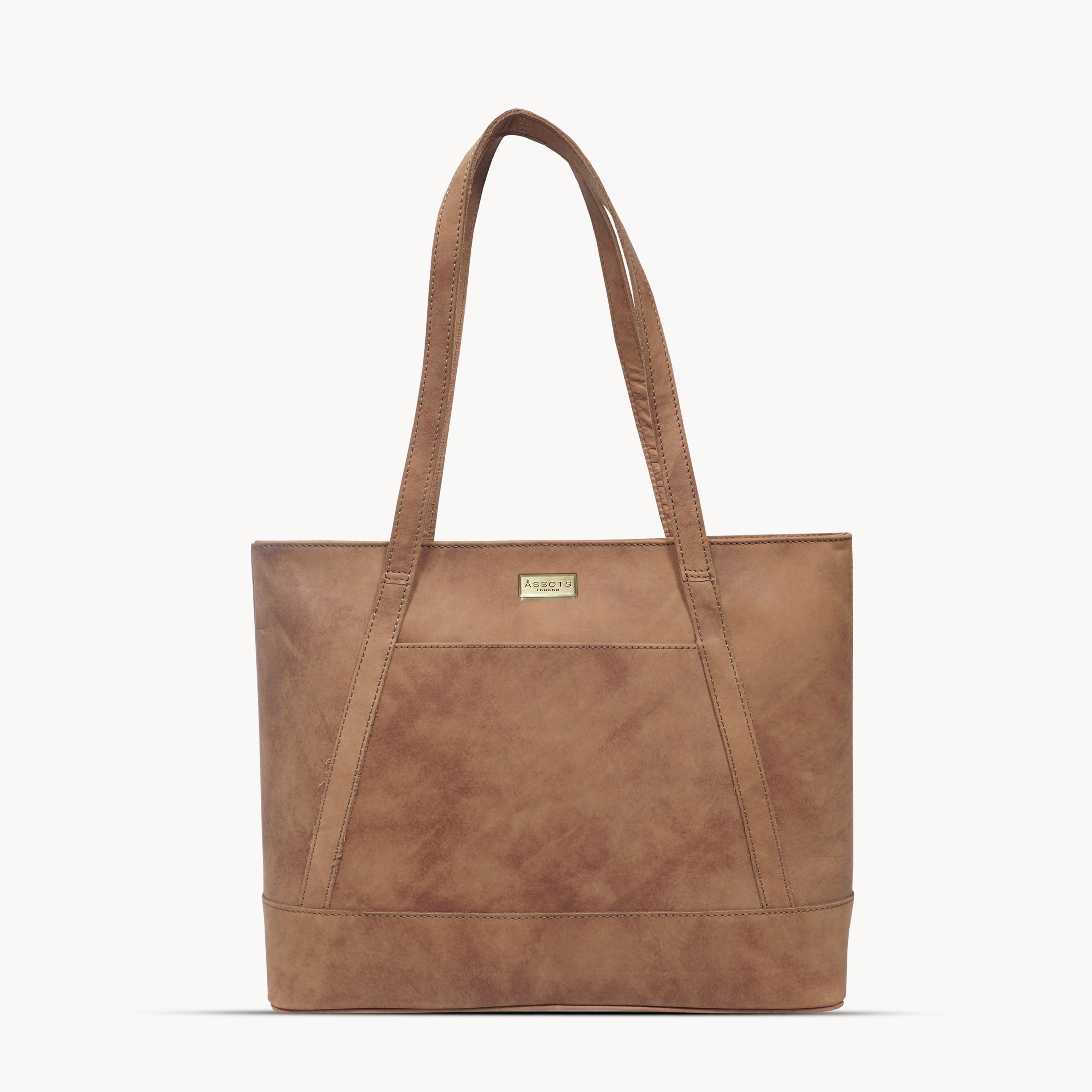 'EVELYN' Tan Walnut Real Distressed Leather Designer Tote Work Bag
