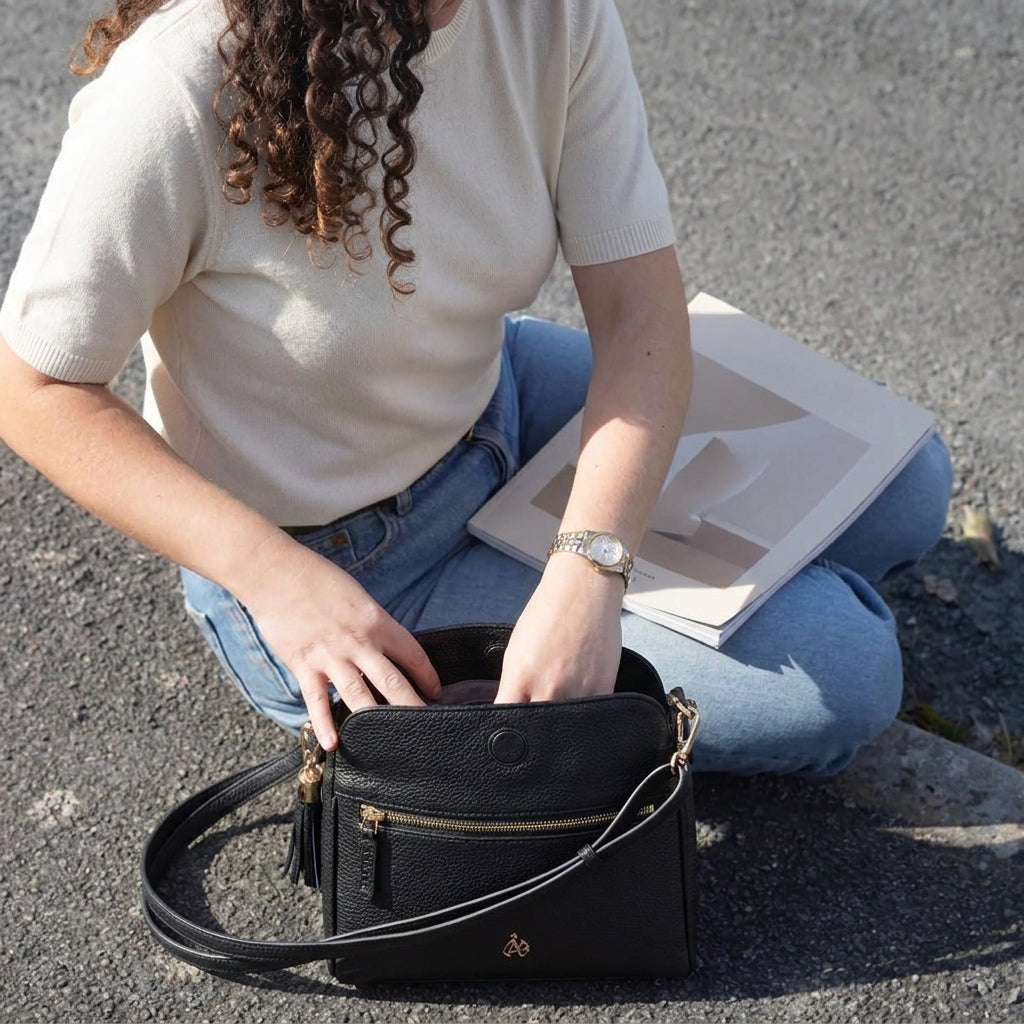 'FIONA' Black Pebble Grain Real Leather Shoulder Bag