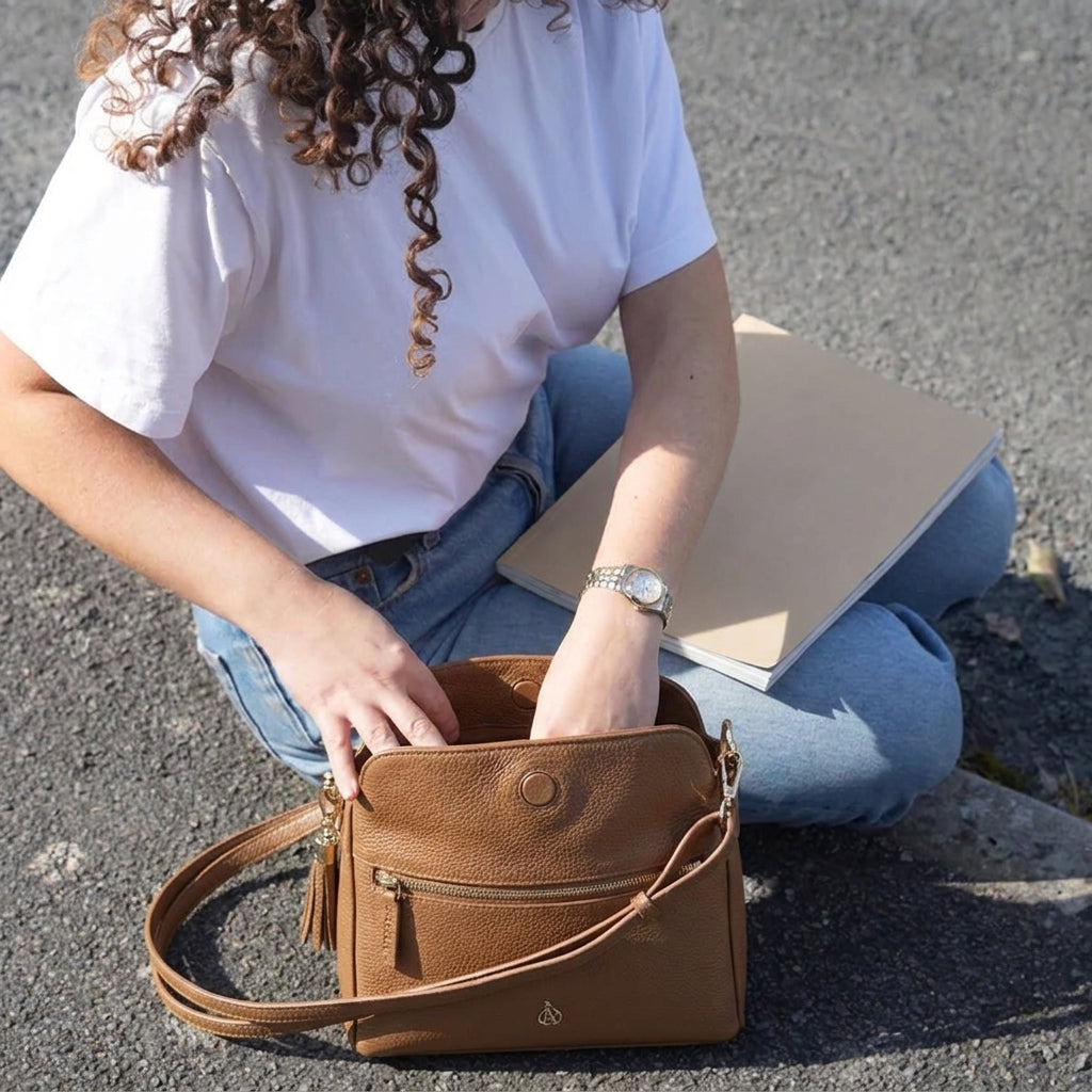 'FIONA' Tan Pebble Grain Real Leather Shoulder Bag