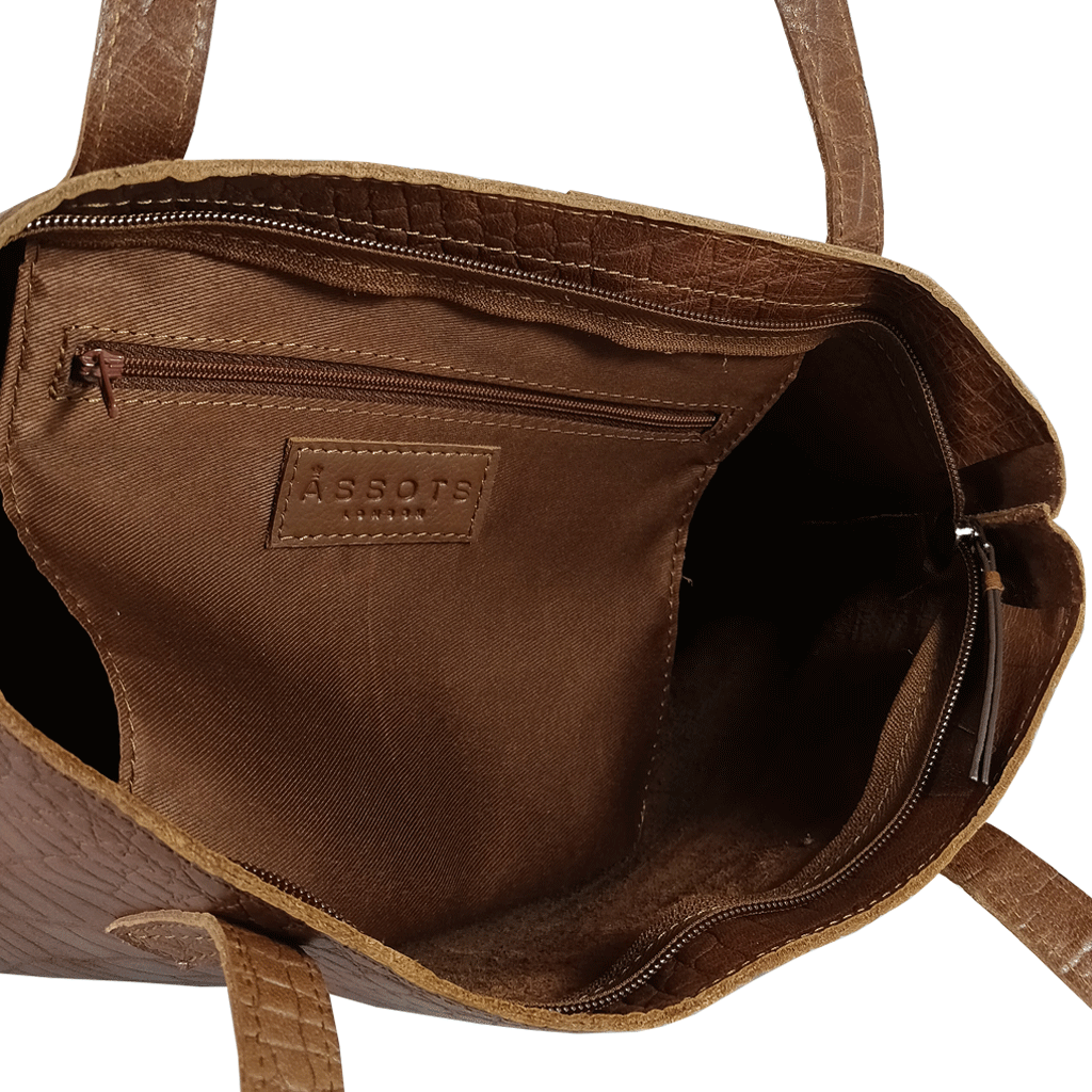 'FREYA' Tan Semi Structured Unlined Croc Leather Tote Bag