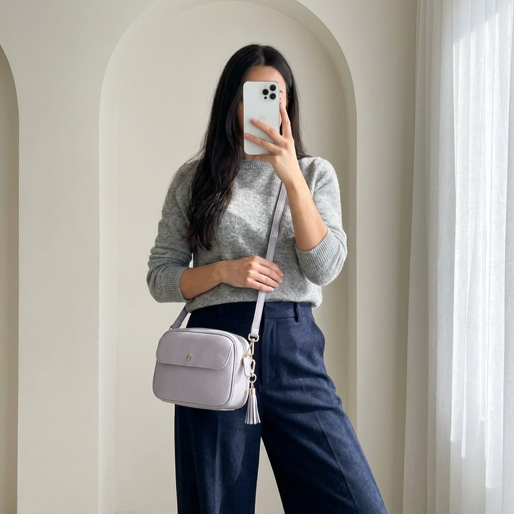 'HACKNEY' Lilac Pebble Grain Real Leather Crossbody Bag