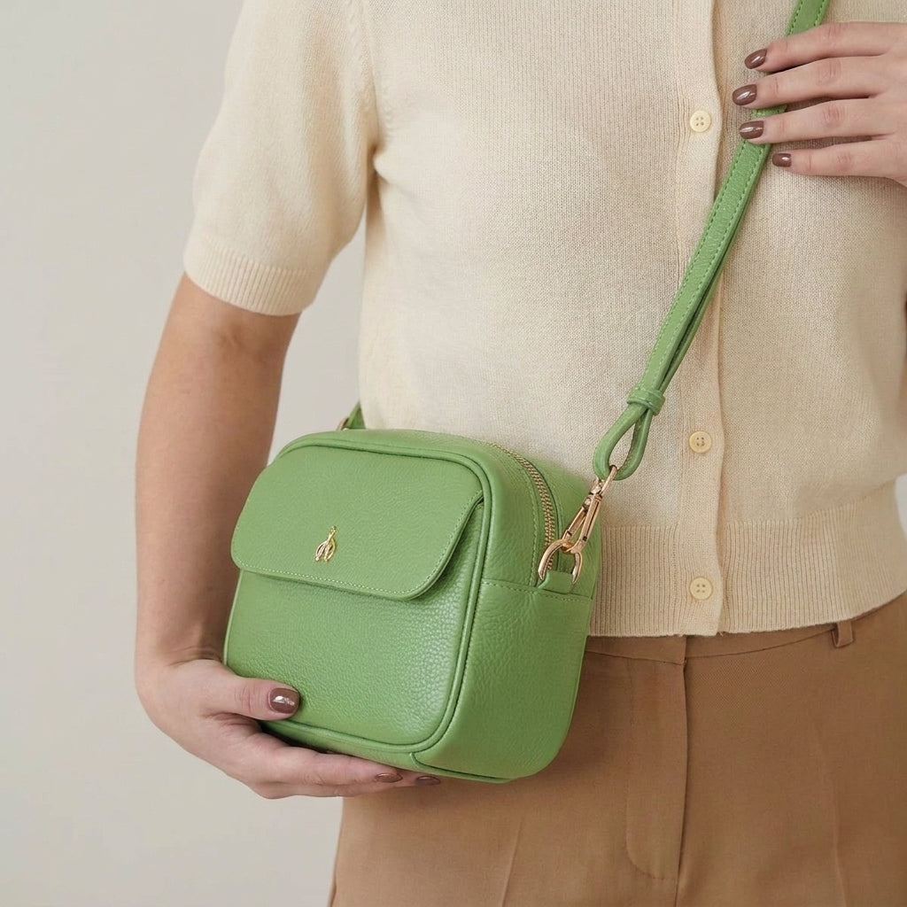 'HACKNEY' Matcha Green Pebble Grain Real Leather Crossbody Bag