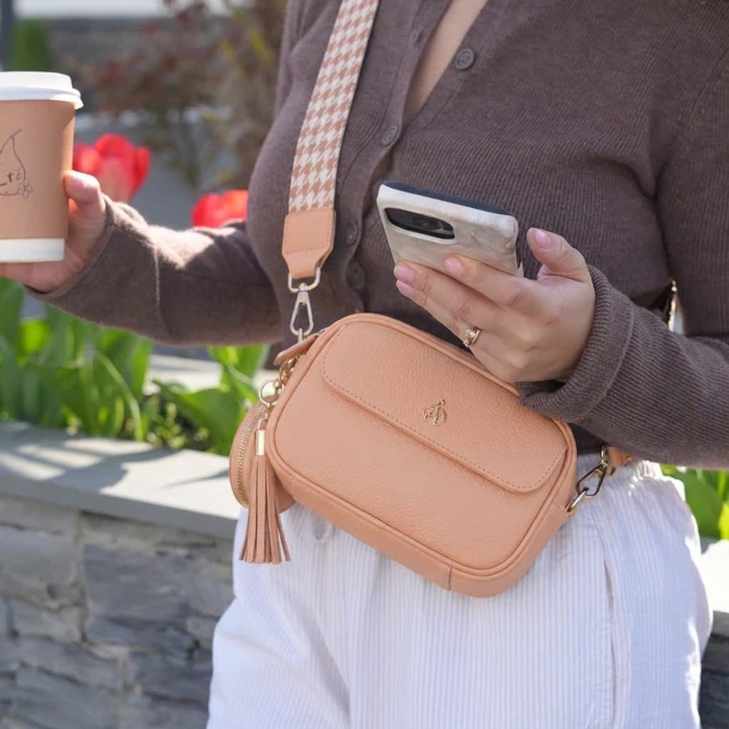 'HACKNEY MINI' Peach Pebble Grain Real Leather Crossbody Bag