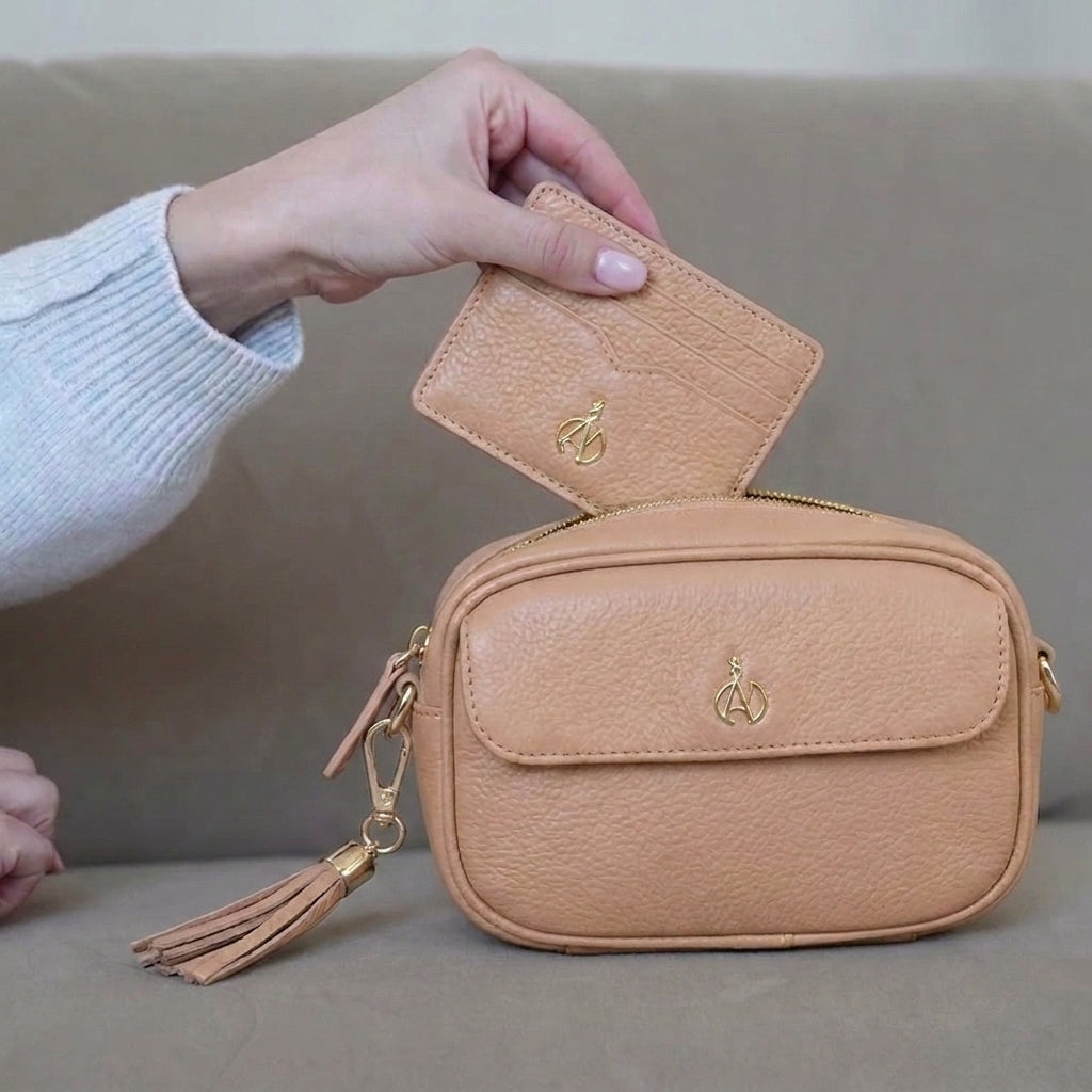 'HACKNEY MINI' Peach Pebble Grain Real Leather Crossbody Bag