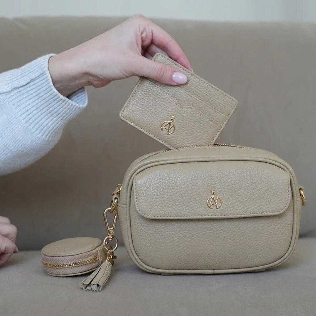 'HACKNEY MINI' Fog Grey Pebble Grain Real Leather Crossbody Bag