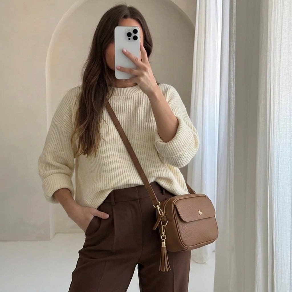 'HACKNEY' Tan Pebble Grain Real Leather Crossbody Bag
