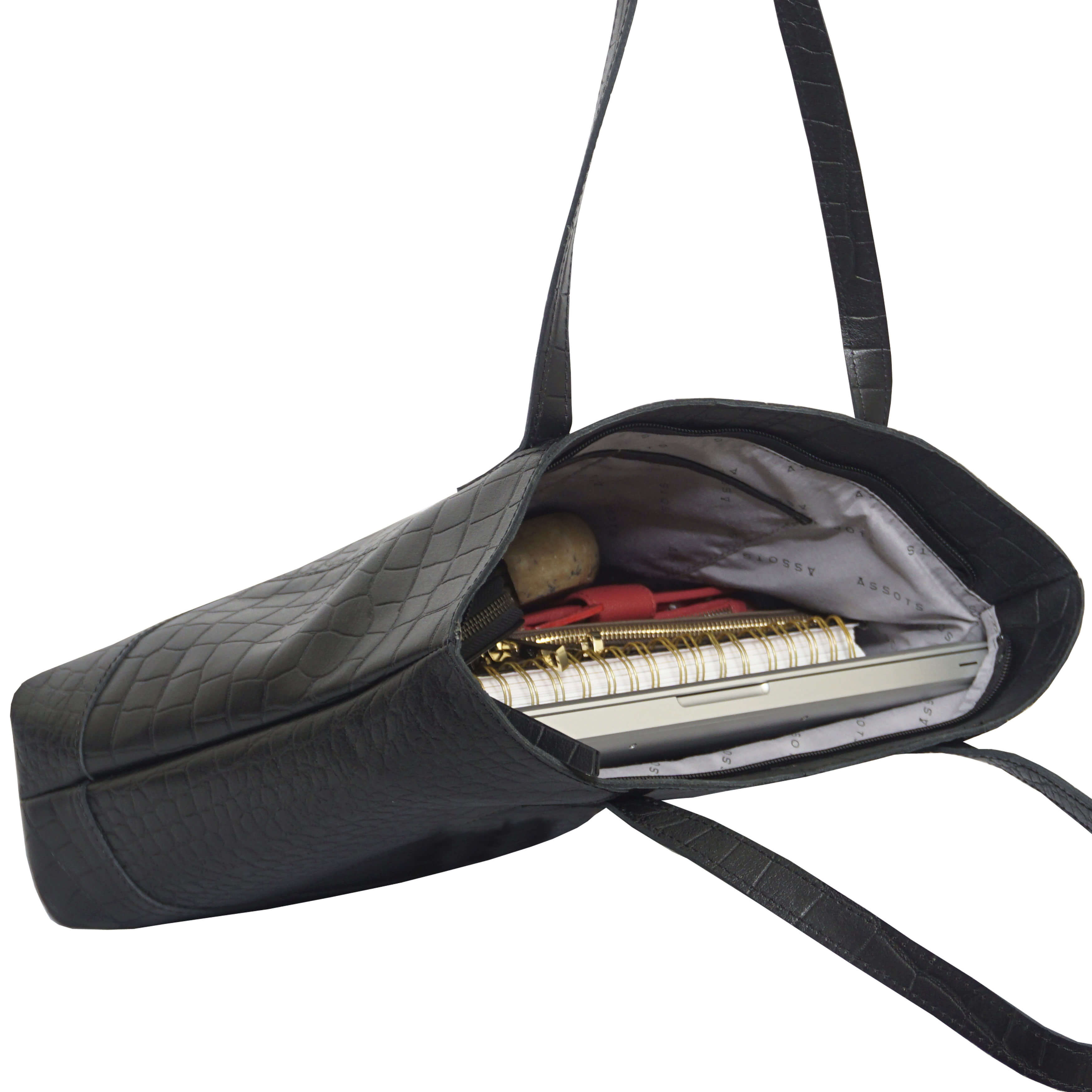 'HELENE' Black Croc Designer Leather Grab Bag