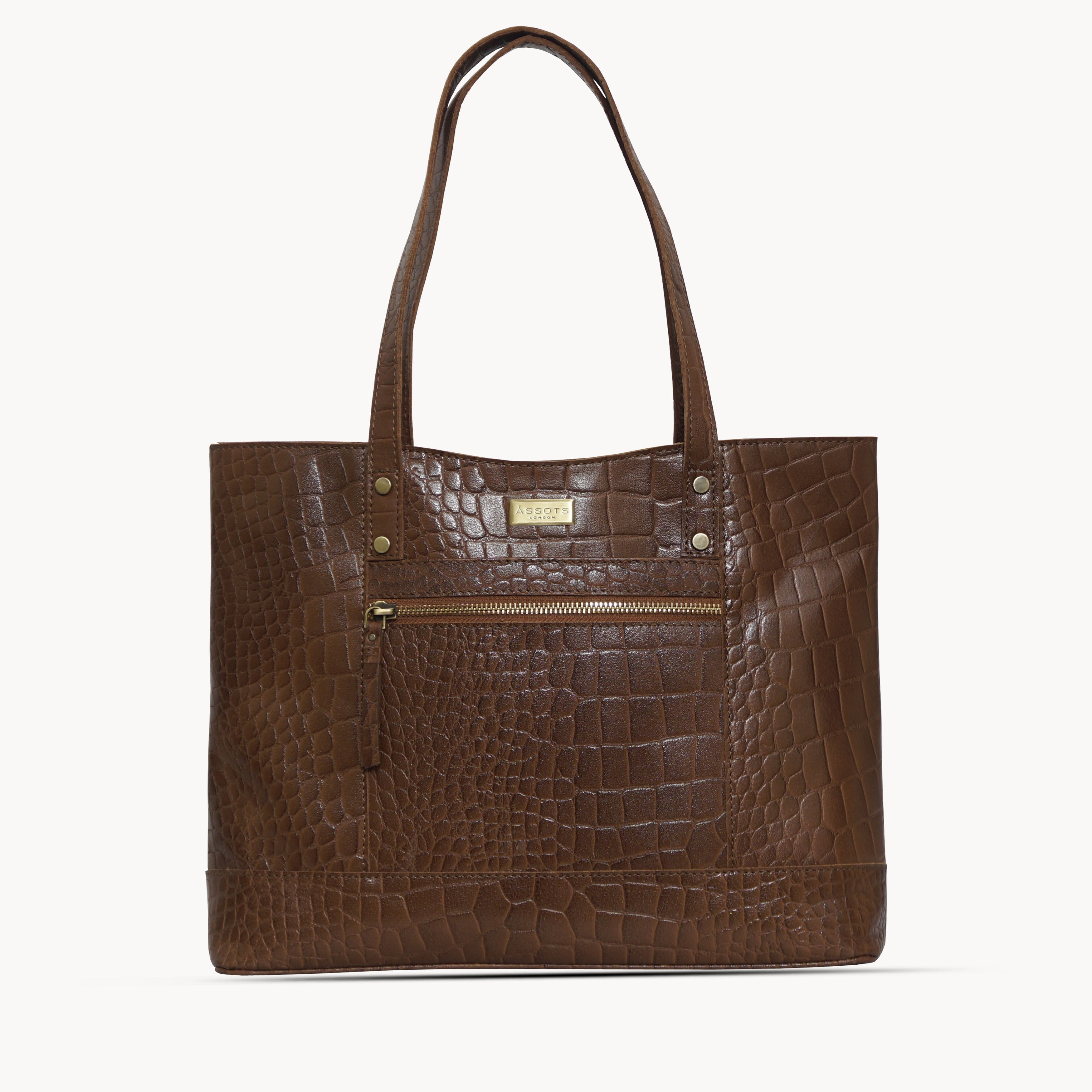 'HELENE' Tan Croc Designer Leather Grab Bag