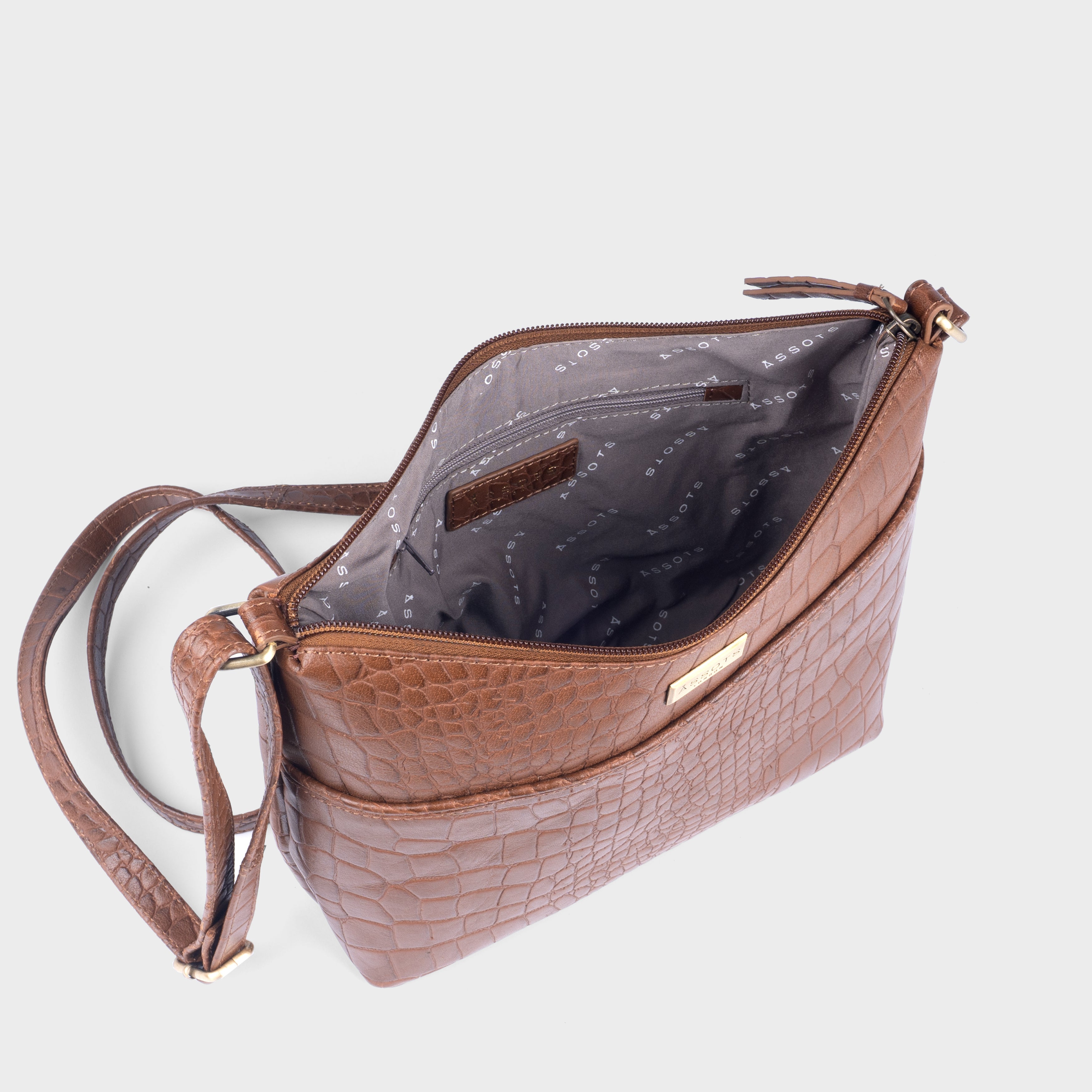 'CAROL' Tan Croc Real Leather Designer Crossbody Shoulder Bag