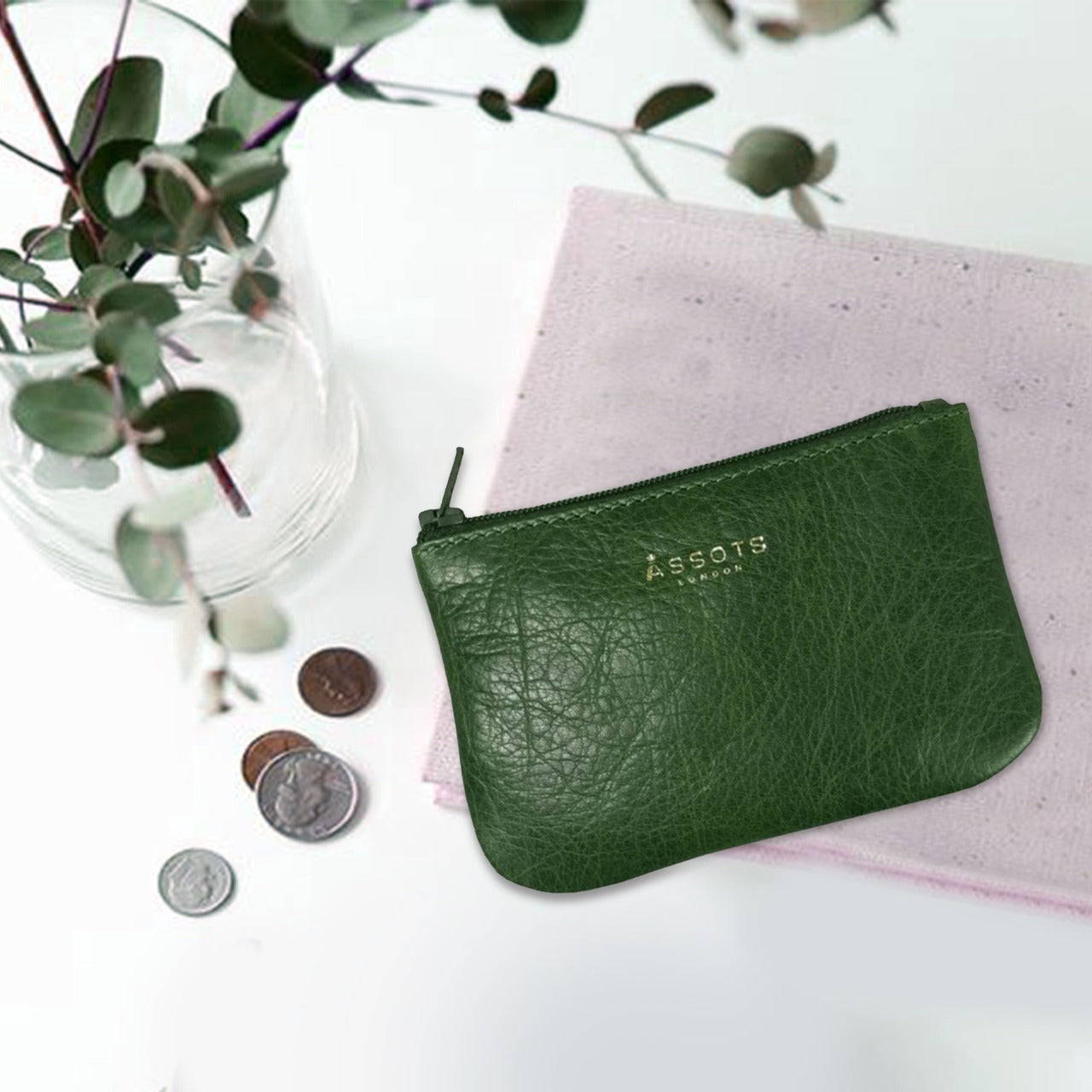 'Poppy' Tree Top Green Full Grain Leather Zip Top Coin Purse