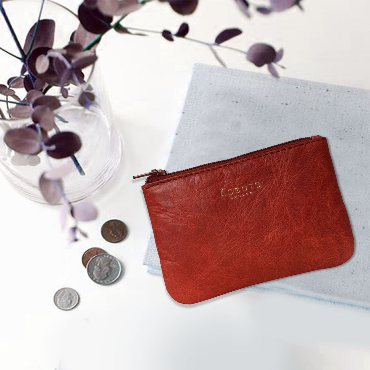'Poppy' Red Full Grain Leather Zip Top Coin Purse