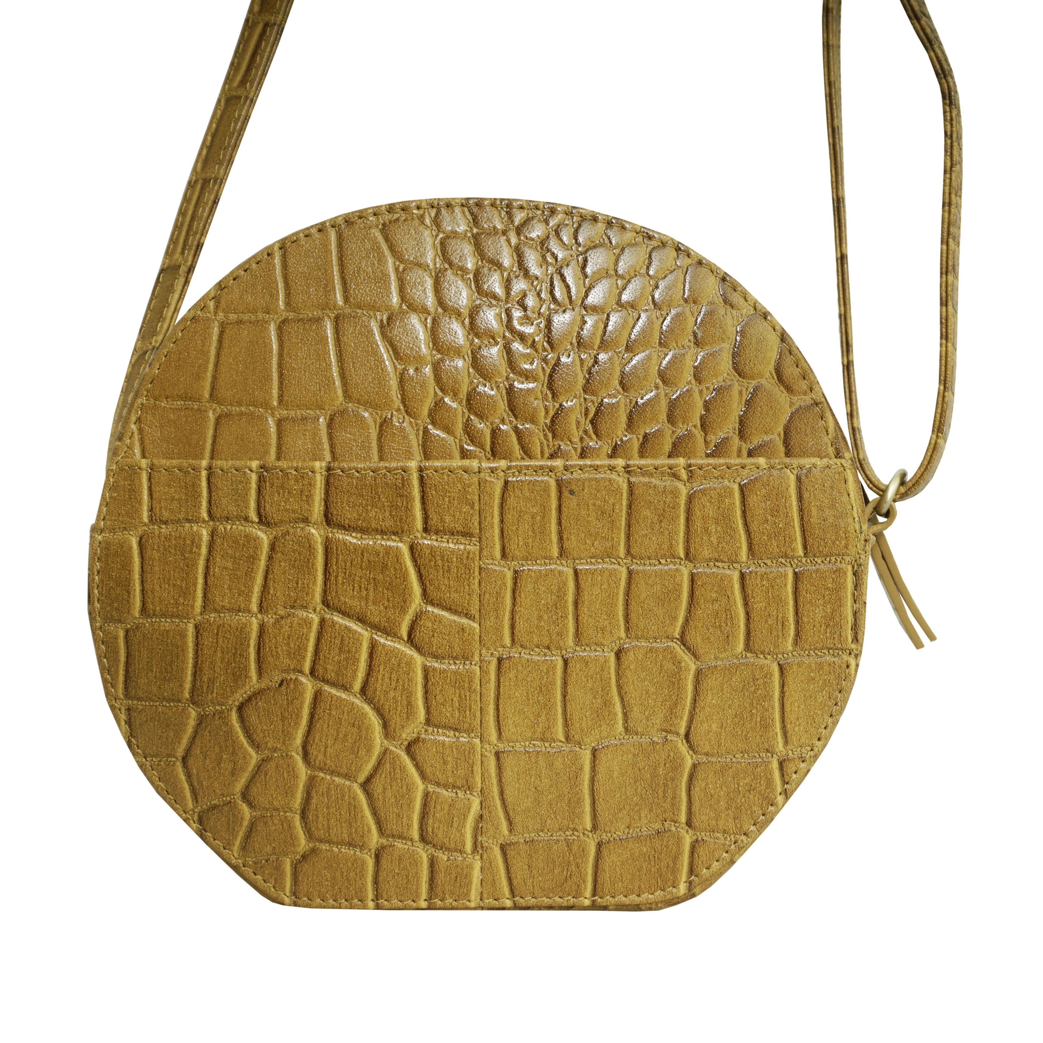 'Jane' Mustard Croc Leather Round Designer Crossbody Bag