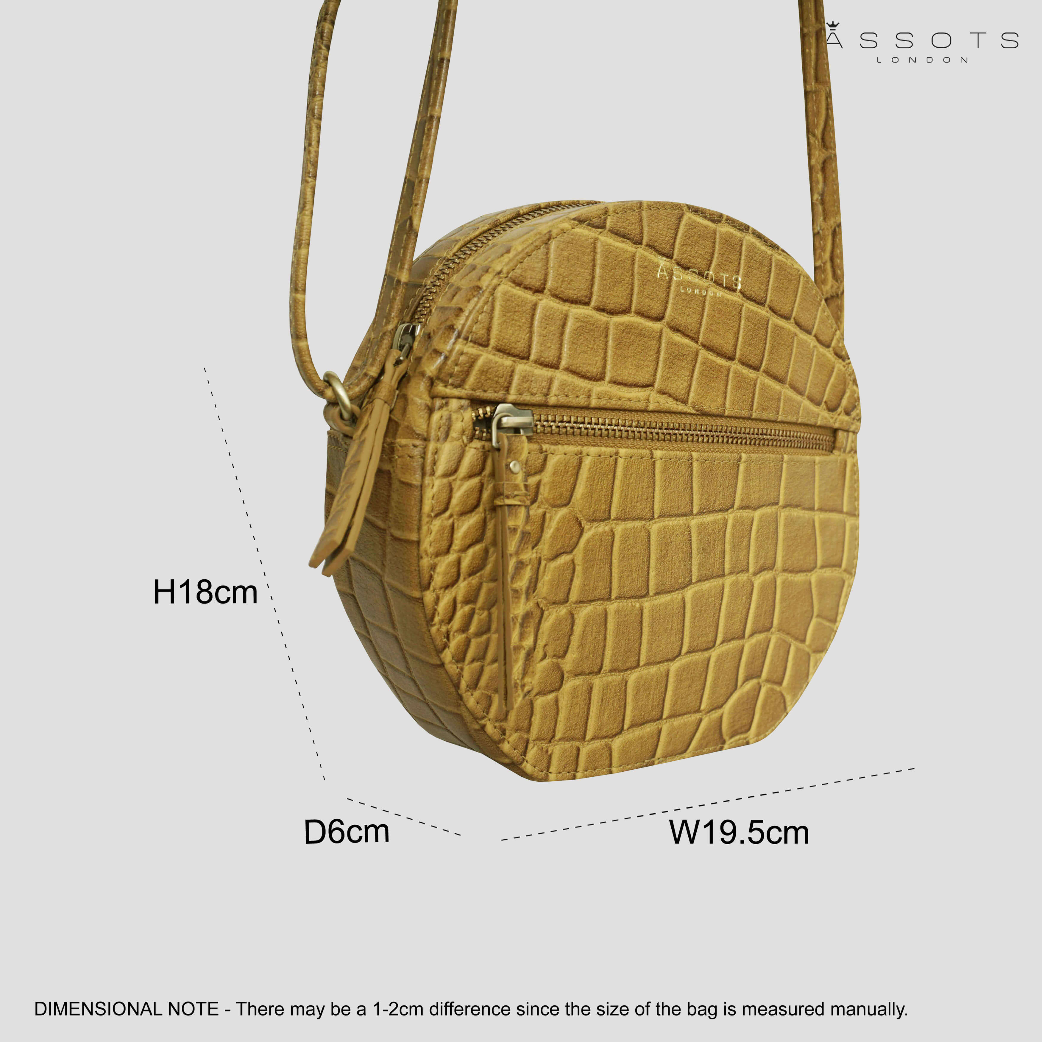 'Jane' Mustard Croc Leather Round Designer Crossbody Bag