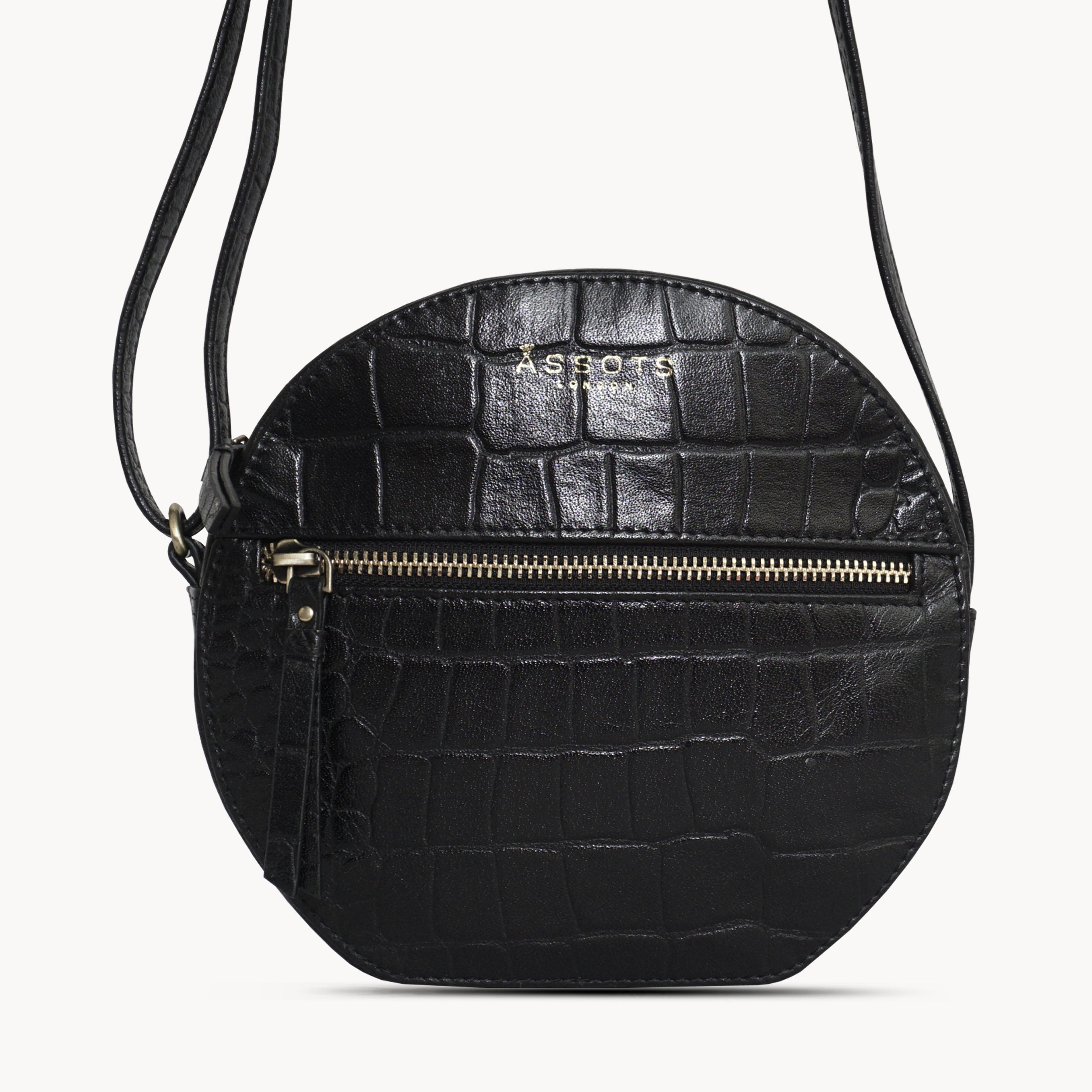 'Jane' Black Croc Leather Round Designer Crossbody Bag