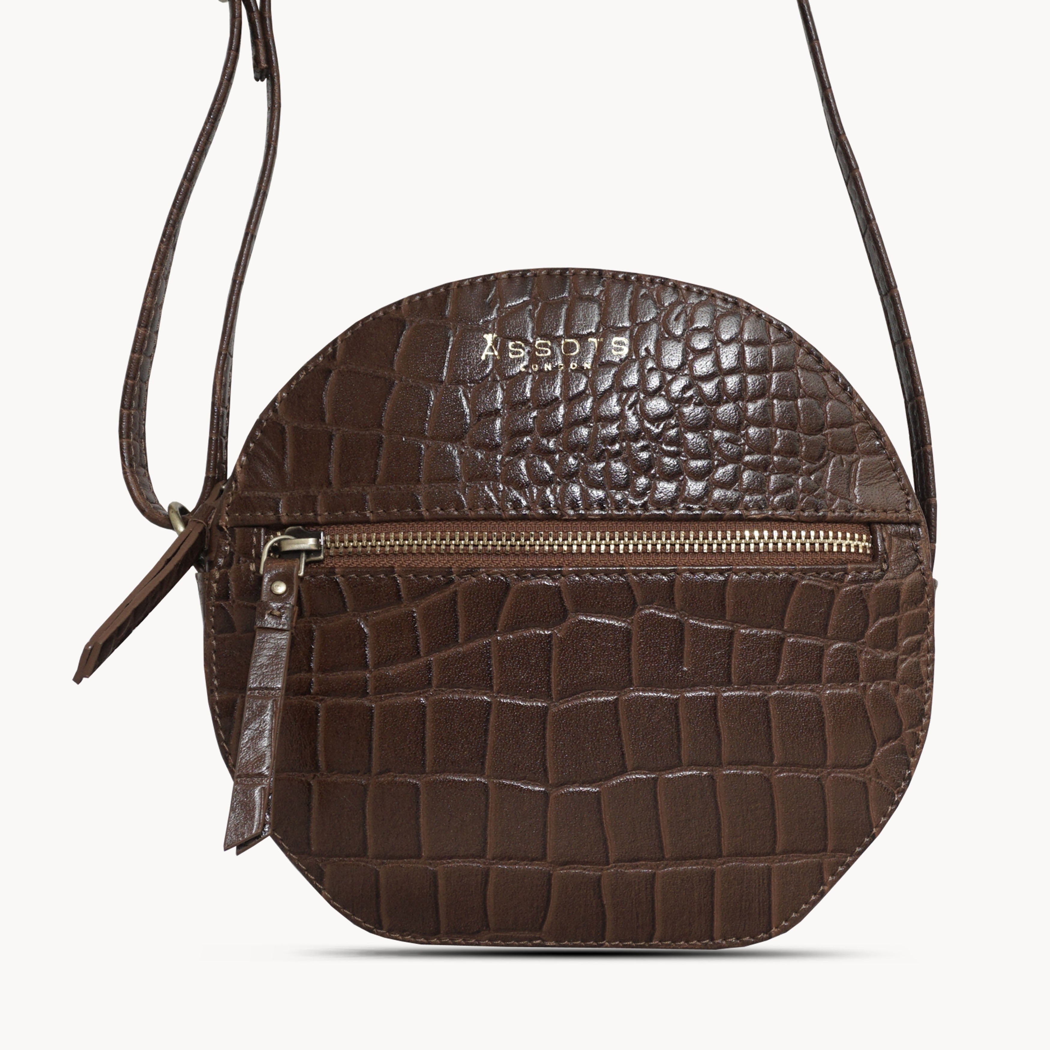 'Jane' Brown Croc Leather Round Designer Crossbody Bag