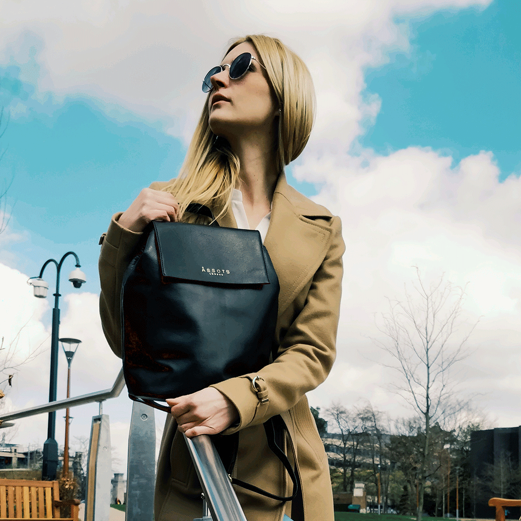 'JERMYN' Classic Black Full Grain Leather Flap-over Backpack