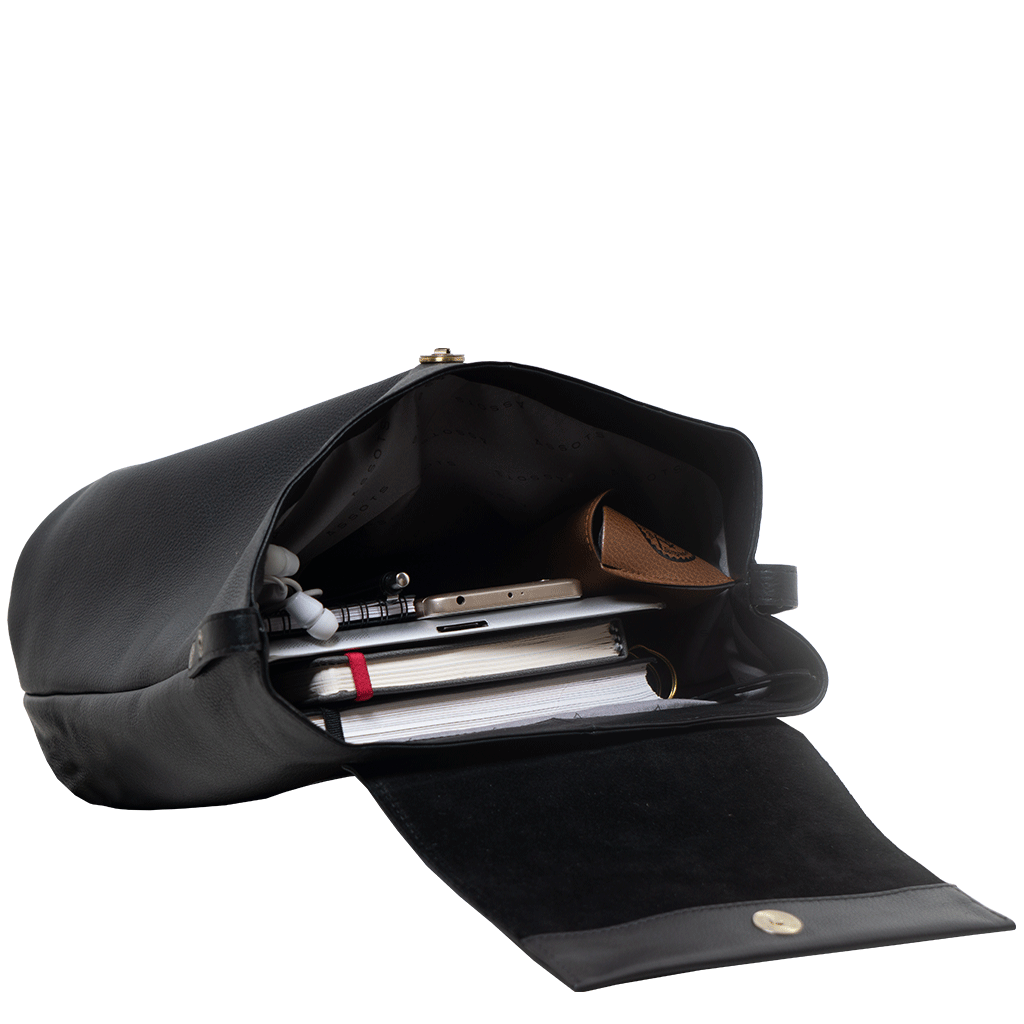 'JERMYN' Classic Black Full Grain Leather Flap-over Backpack