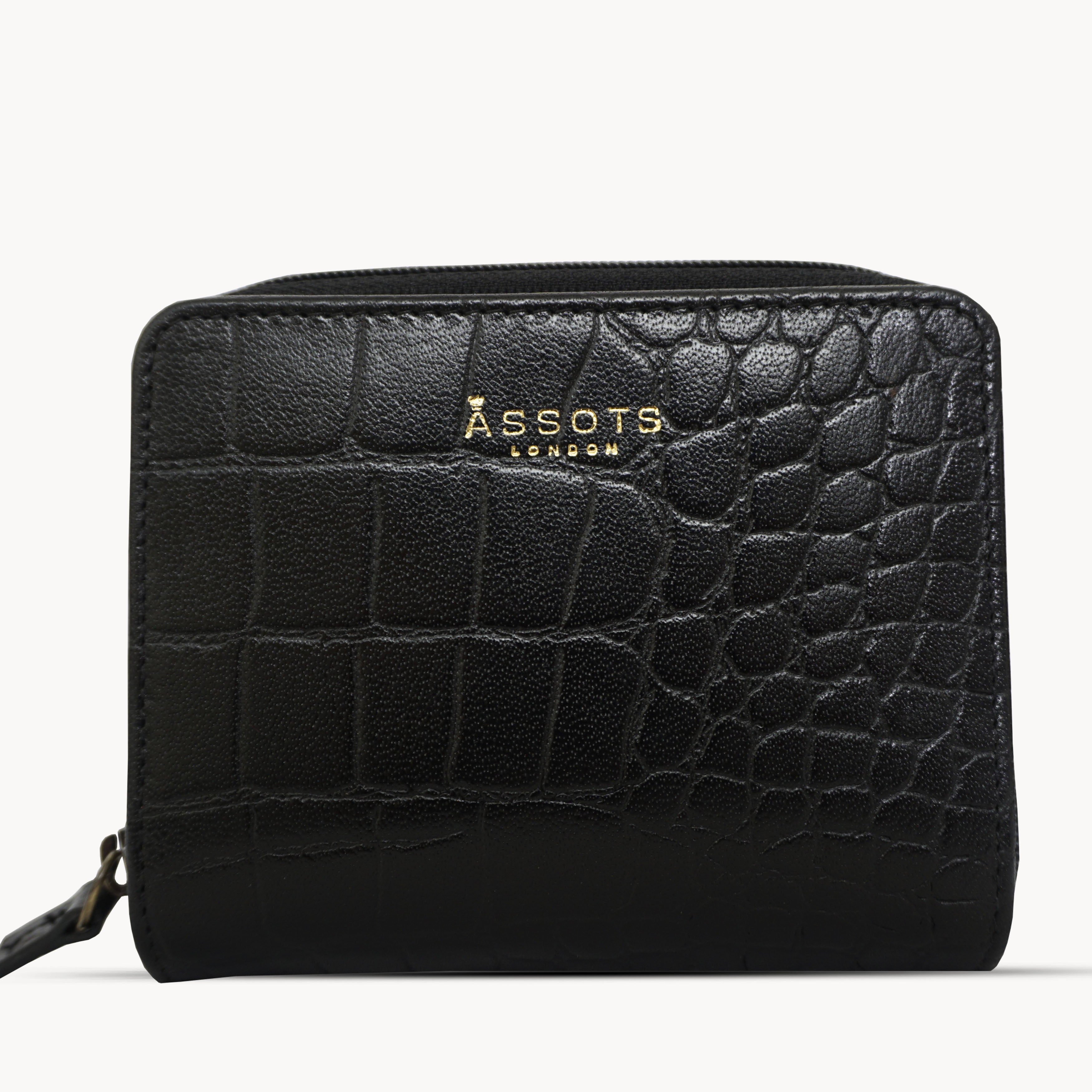 'JOLLY' Black Croc Real Leather Designer Zip-Top Wallet
