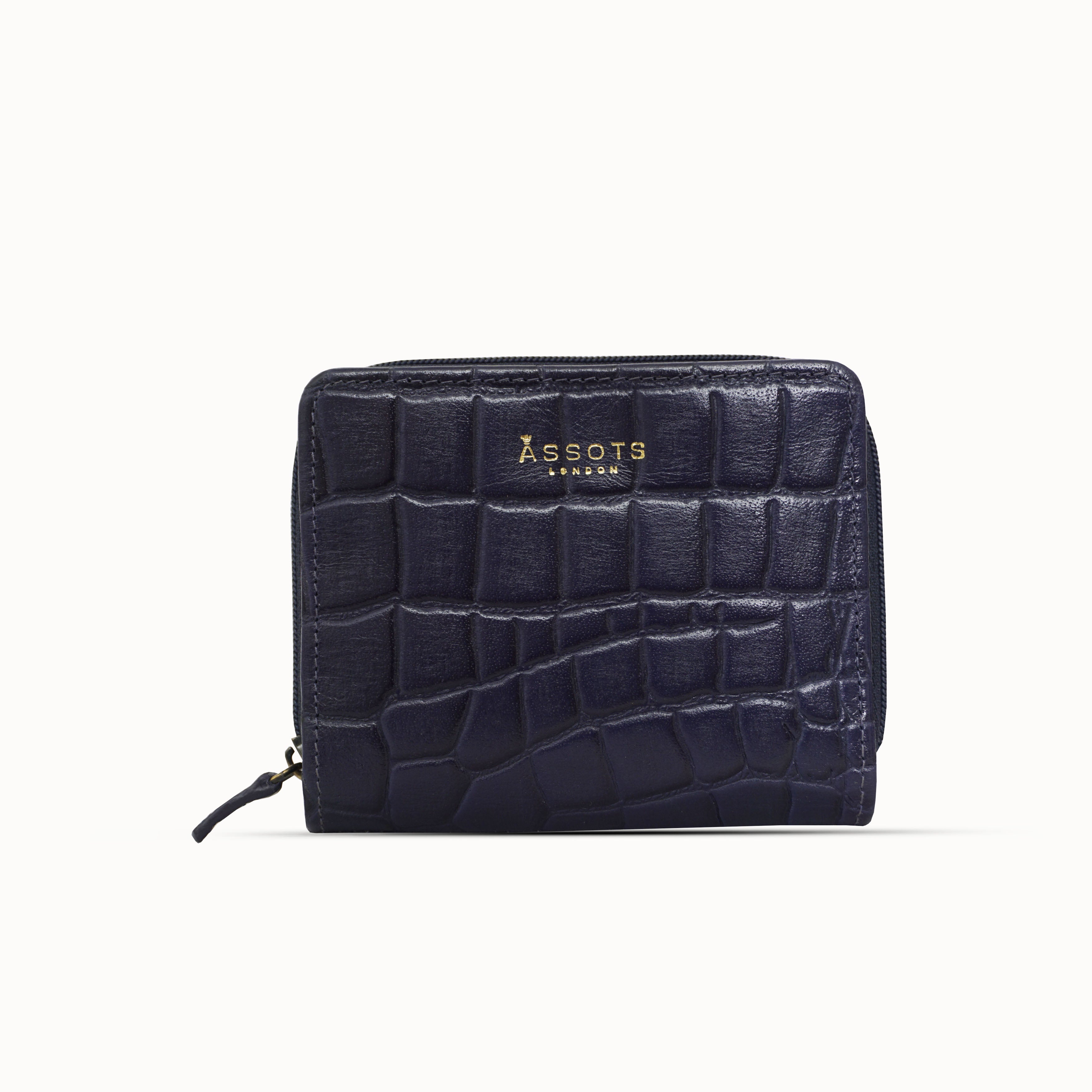 'JOLLY' Navy Croc Real Leather Designer Zip-Top Wallet