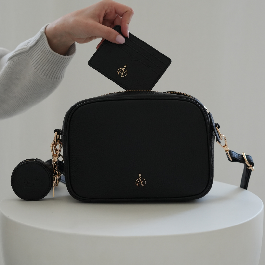 'KENT' Black Pebble Grain Real Leather Crossbody Bag