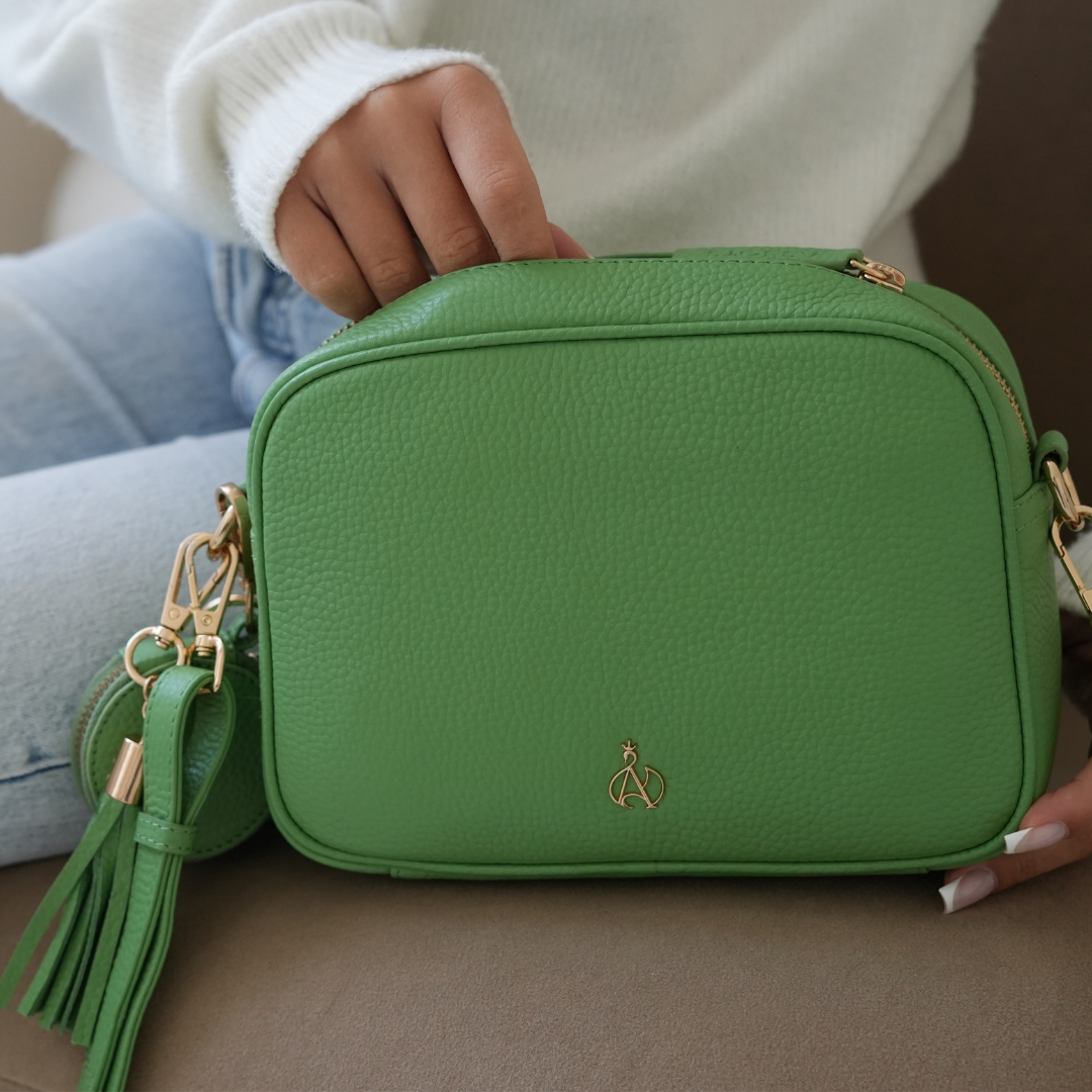 'KENT' Matcha Green Pebble Grain Real Leather Crossbody Bag