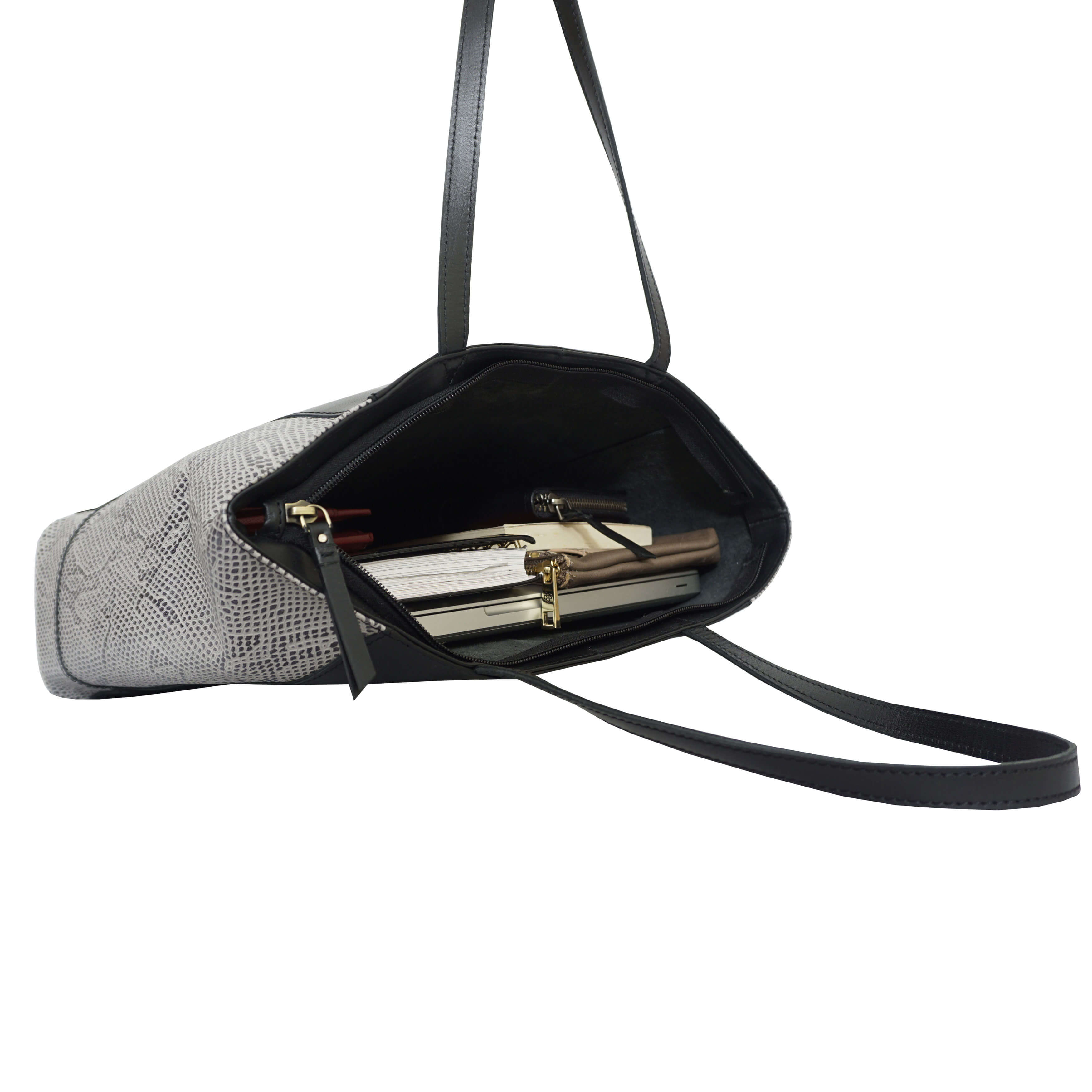 'Klara' Black Animal Snake Print Real Leather Designer Tote Bag