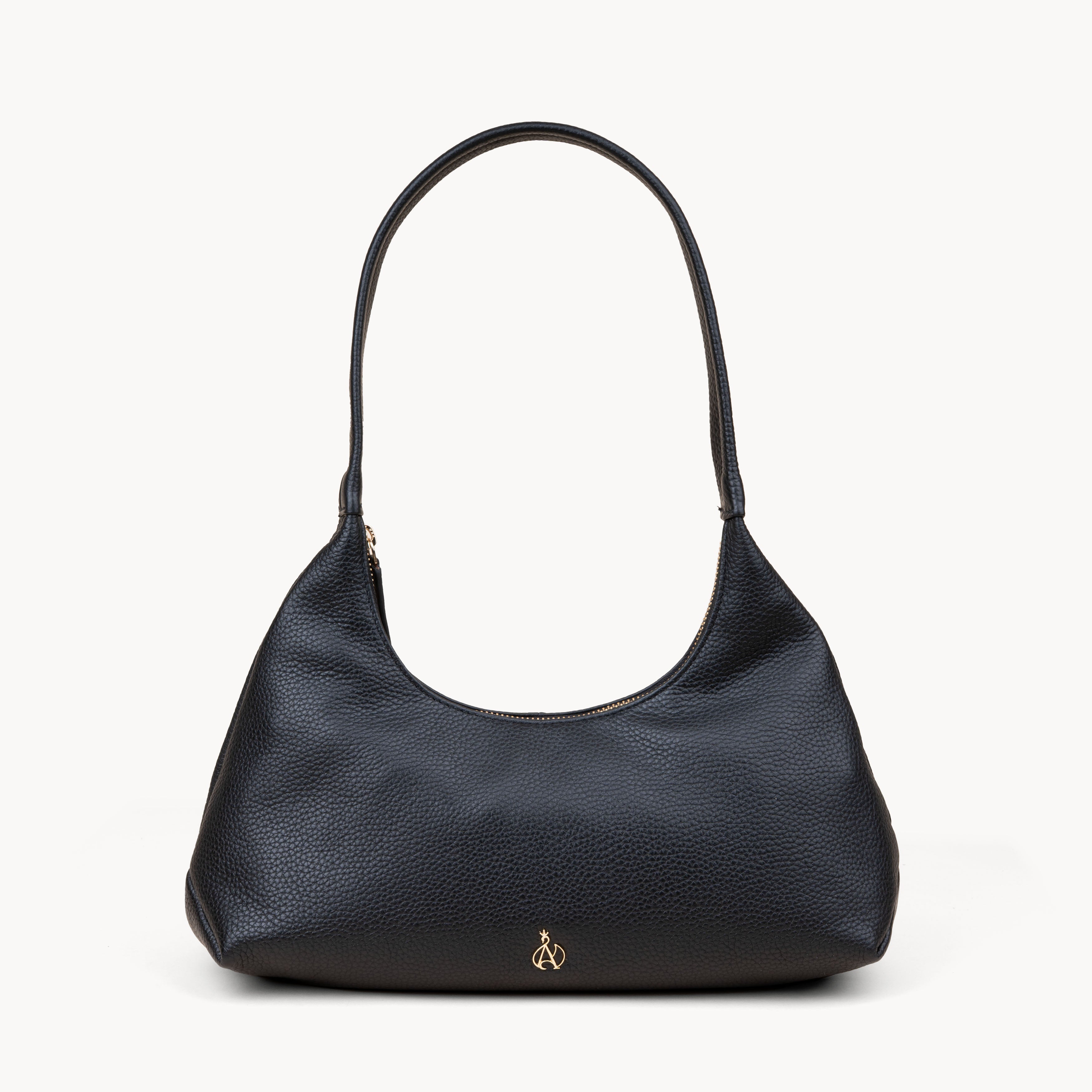 'LARA' Black Pebble Grain Real Leather Shoulder Bag