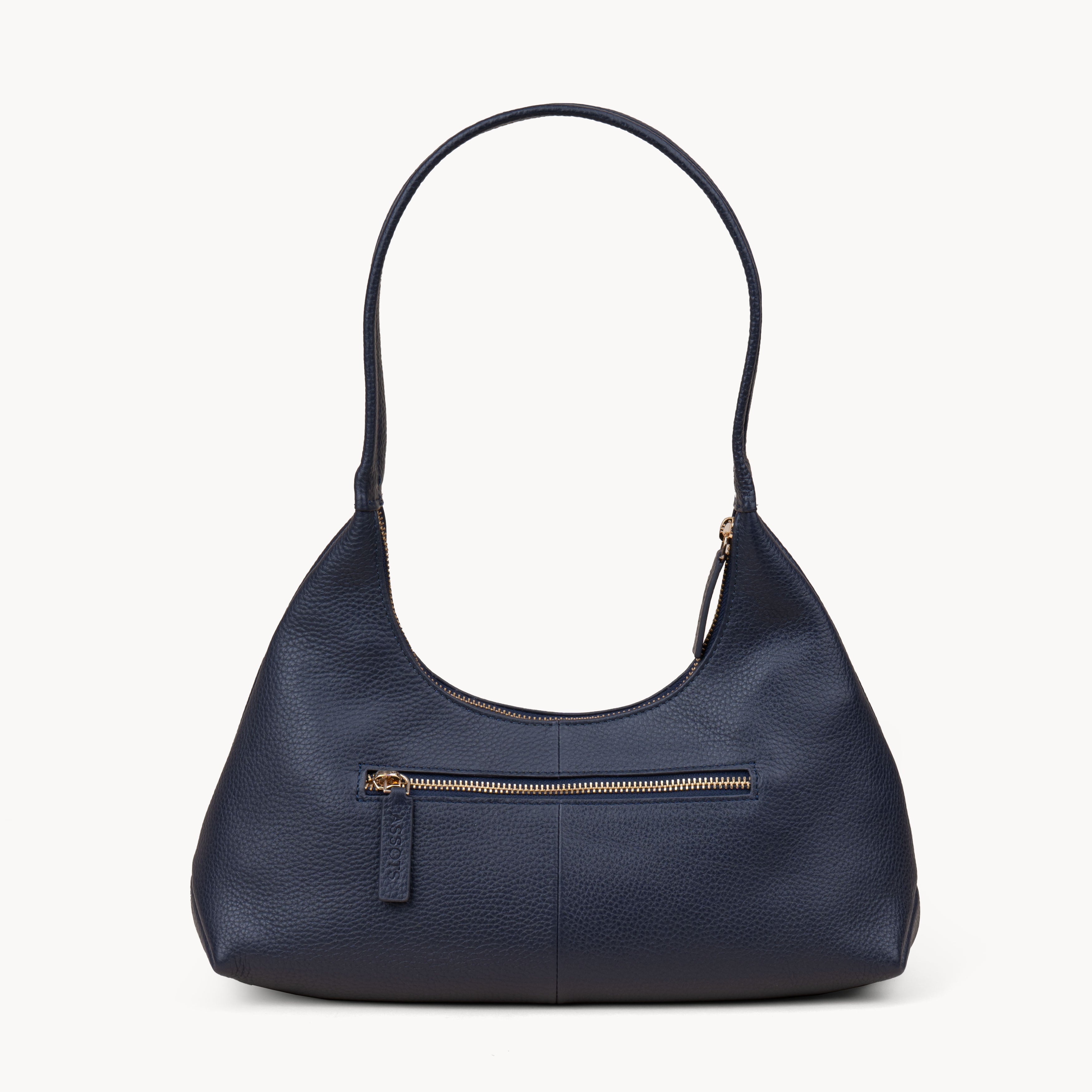 'LARA' Navy Pebble Grain Real Leather Shoulder Bag