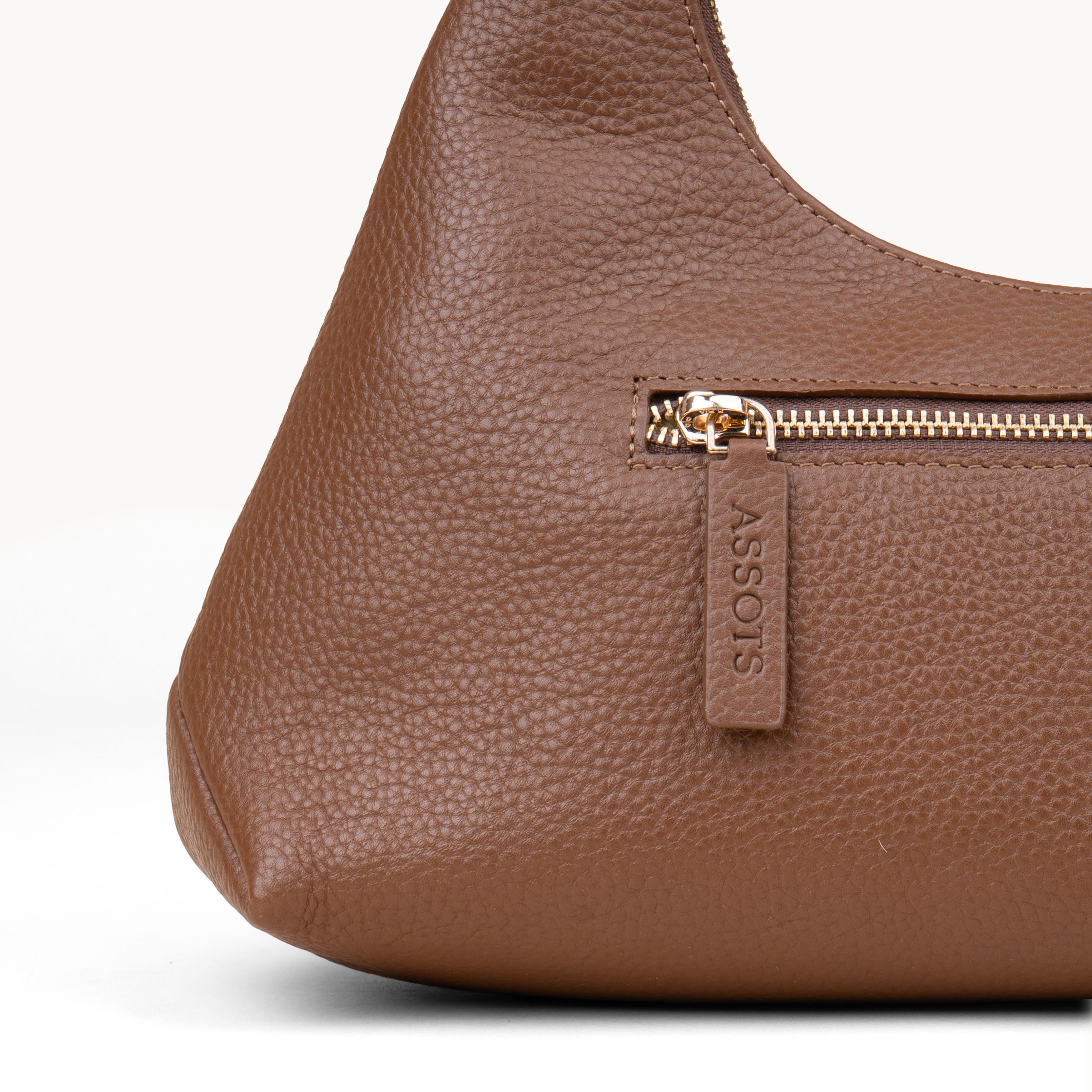 'LARA' Tan Pebble Grain Real Leather Shoulder Bag