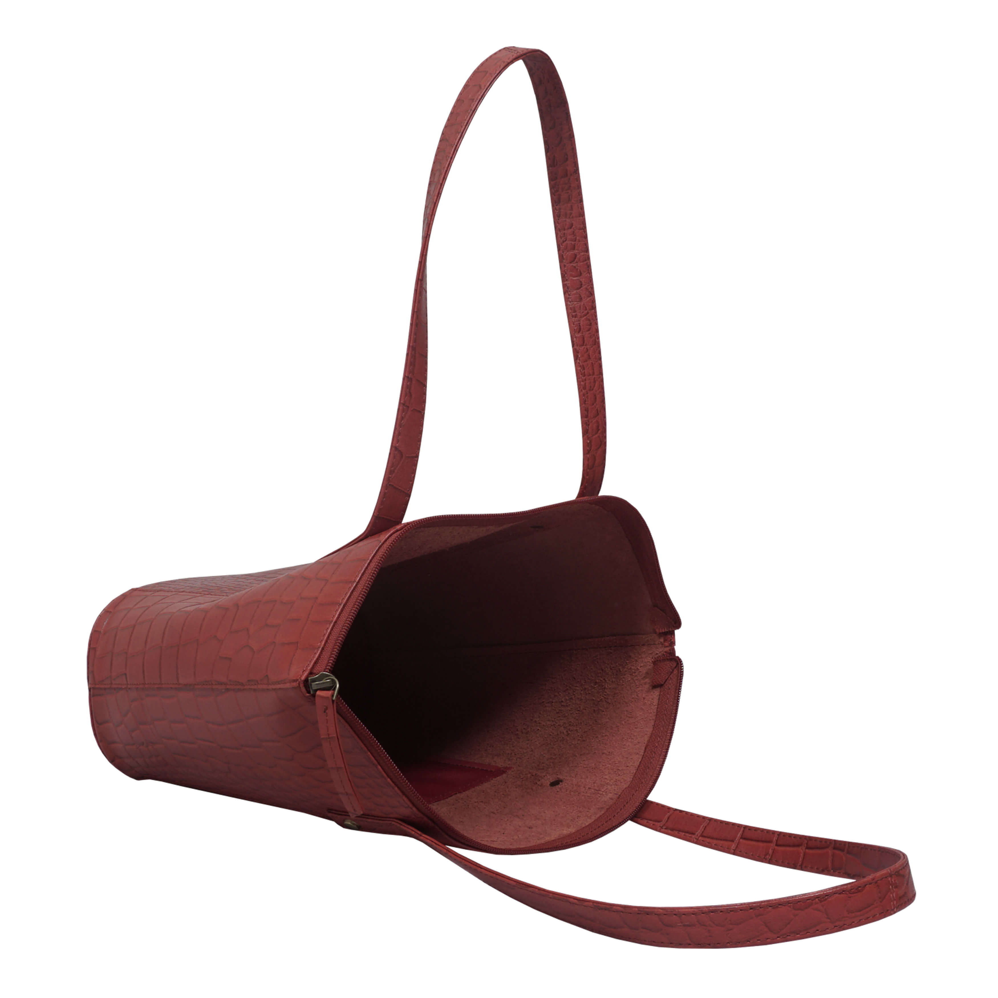 'MELANIE' Bright Red Croc Real Leather Unlined Bucket Bag