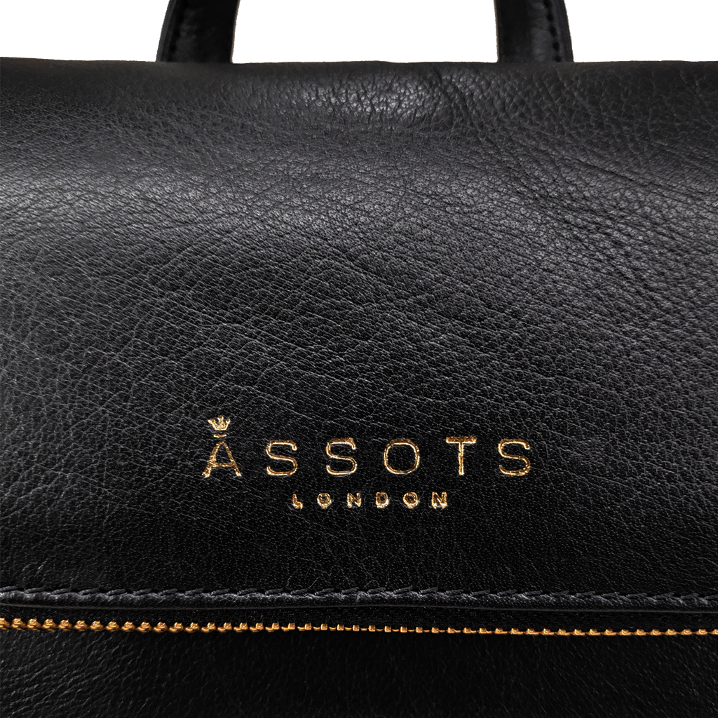 'MERLIN' Black Full Grain Leather Zip Around Flap-over Backpack