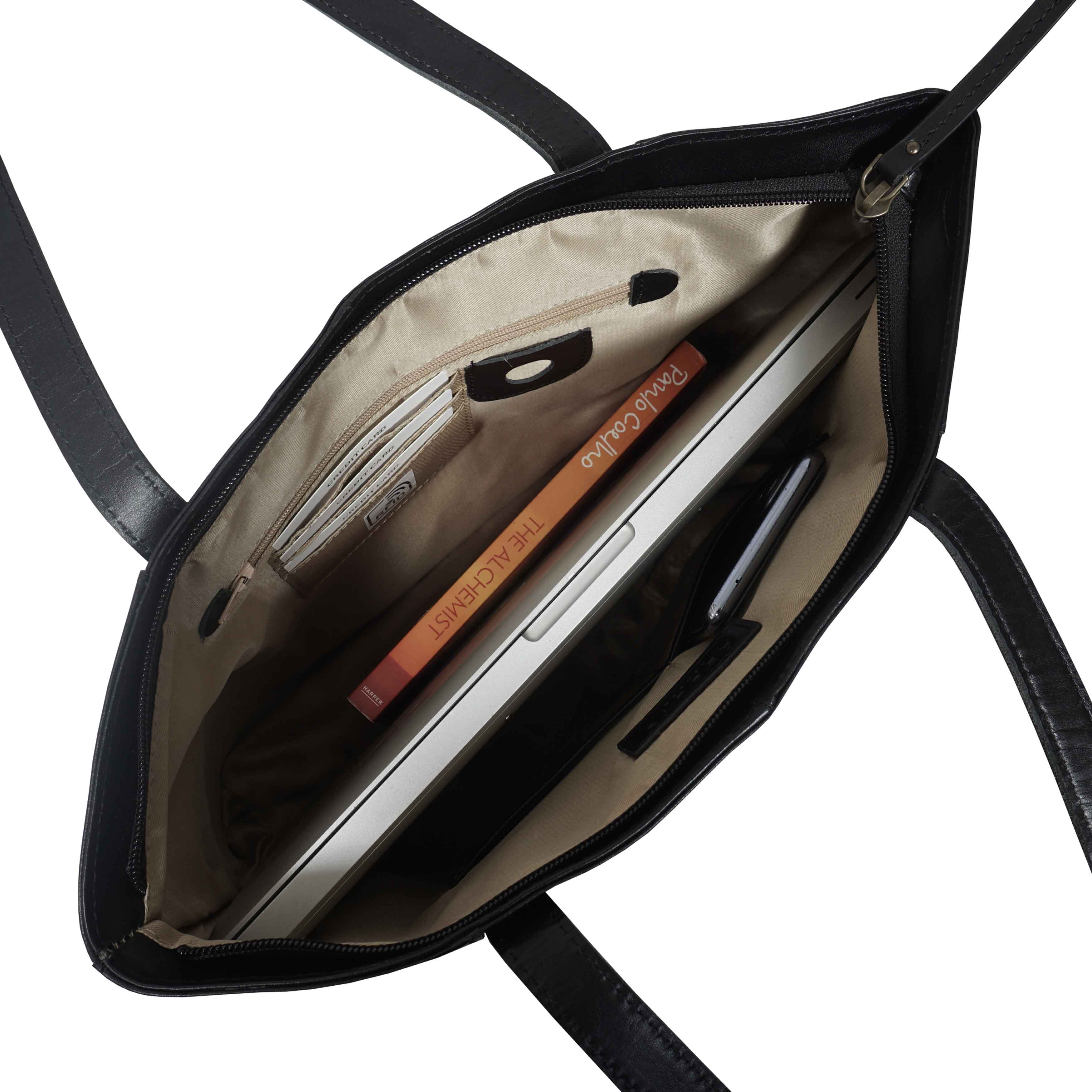 'MILLIE' Black Polished VT Real Leather Designer Tote Work Bag