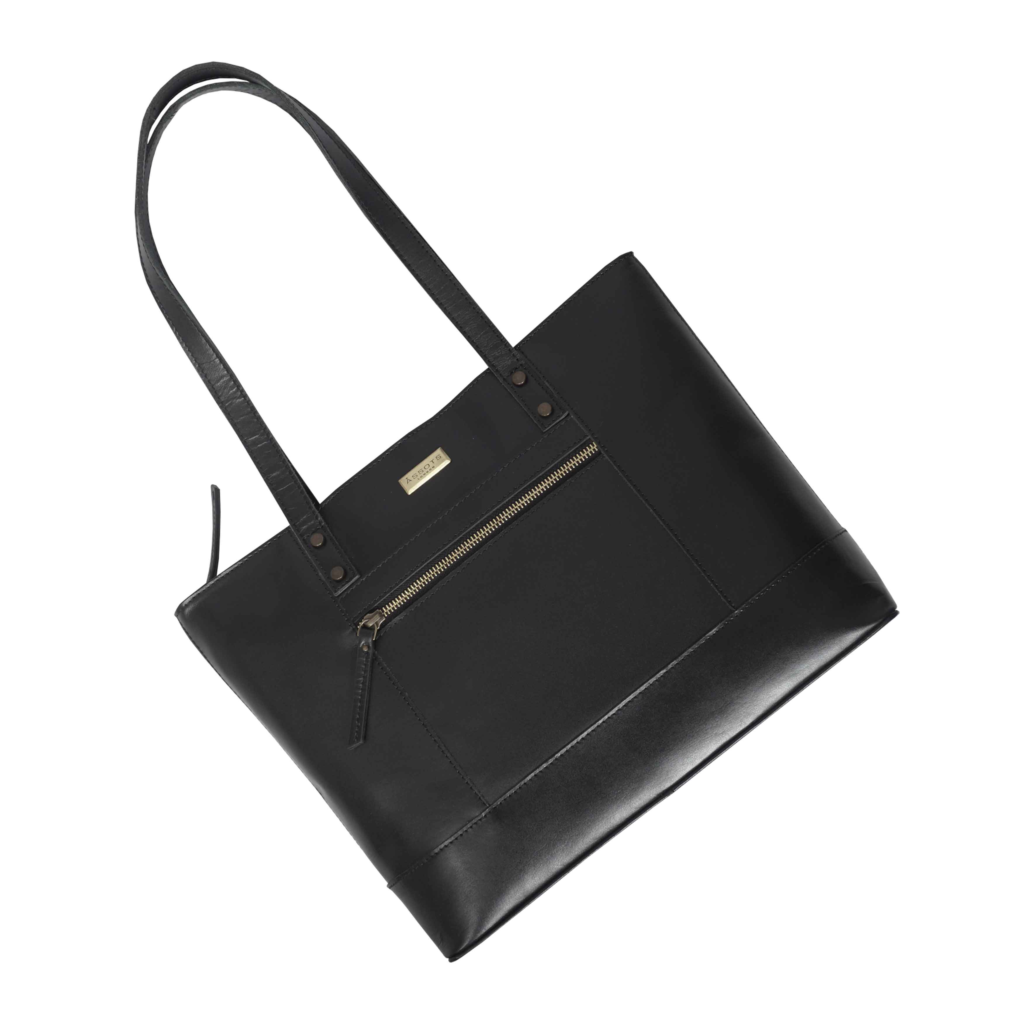 'MILLIE' Black Polished VT Real Leather Designer Tote Work Bag