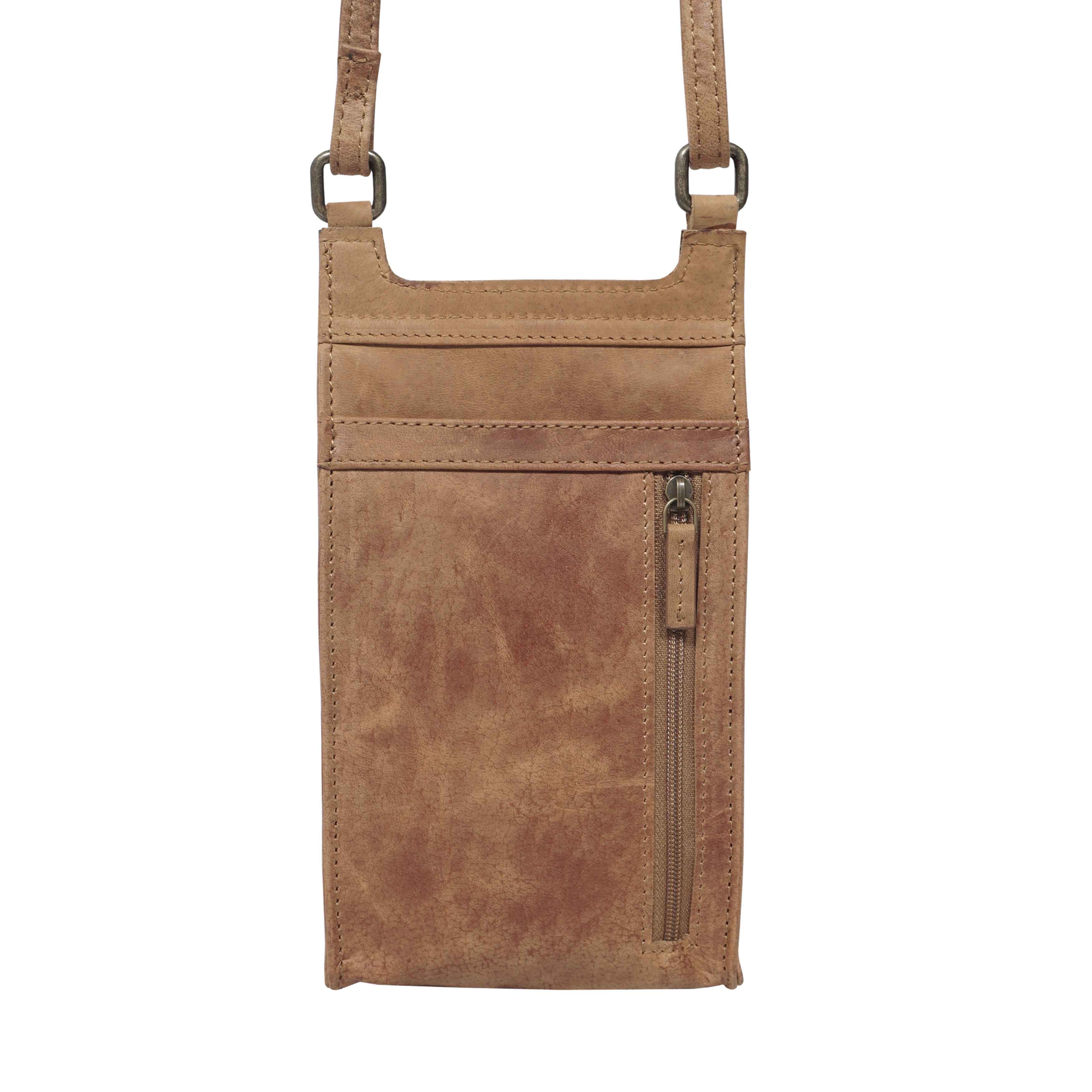 'MYLA' Tan Distressed Real Leather Mobile Phone Crossbody Bag