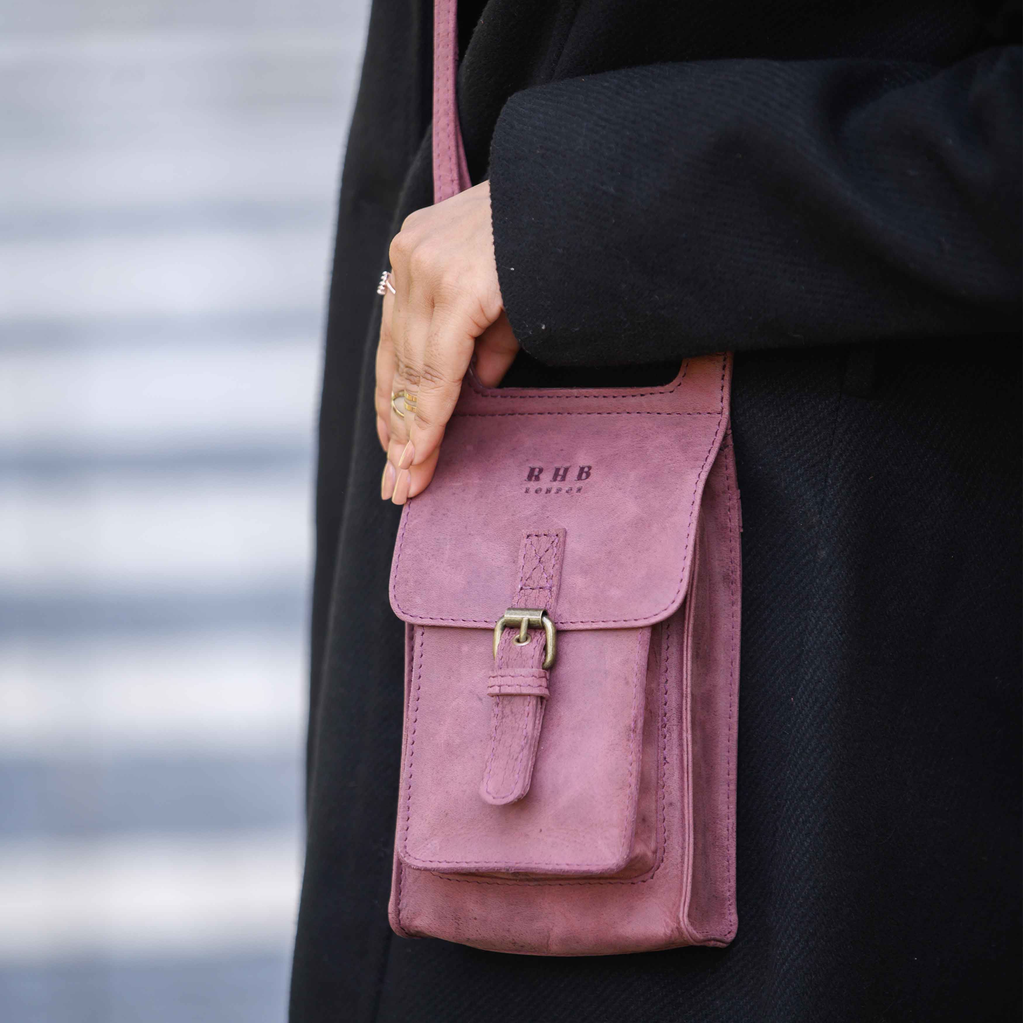 'MYLA' Plum Distressed Real Leather Mobile Phone Crossbody Bag
