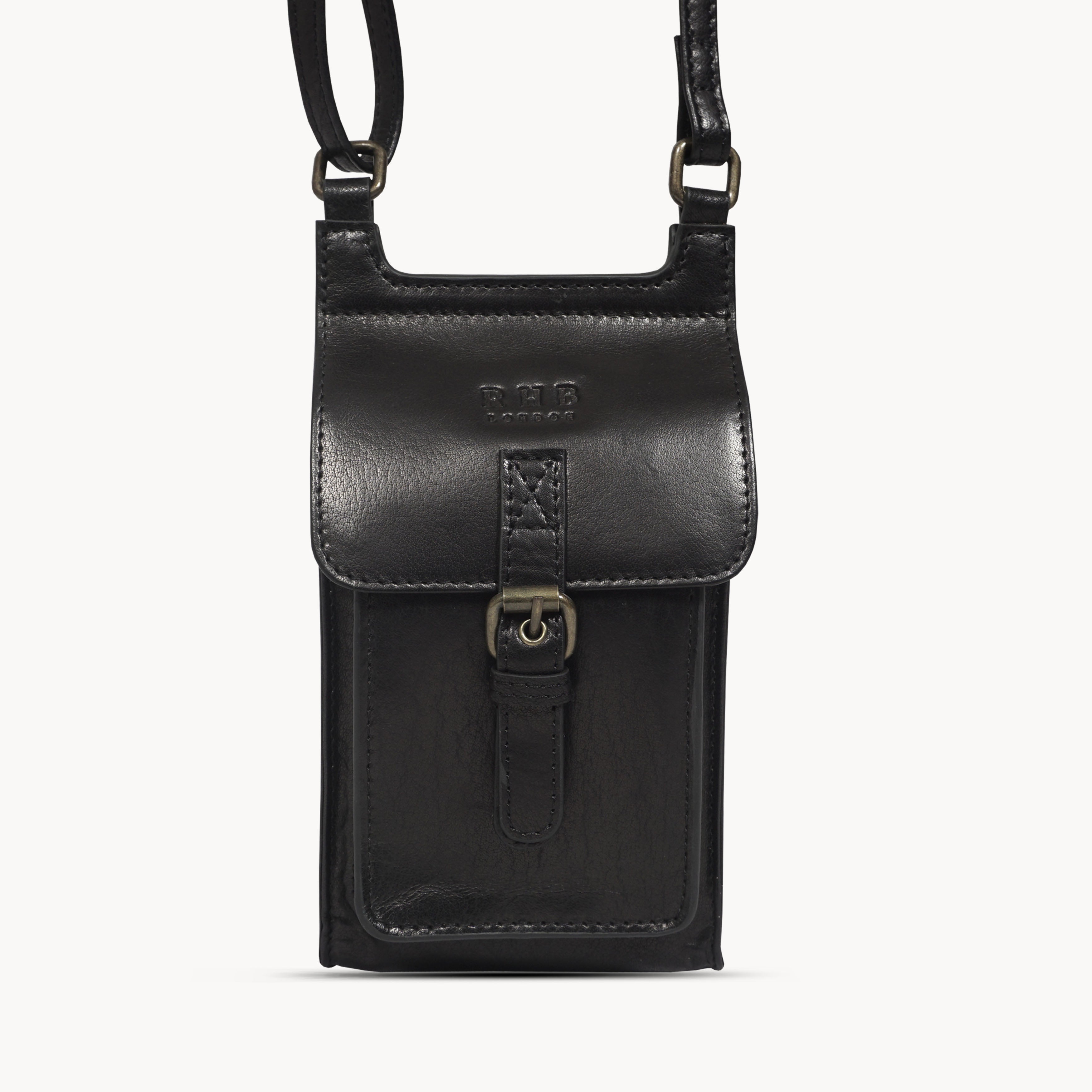 'MYLA' Black Real Leather Mobile Phone Crossbody Bag