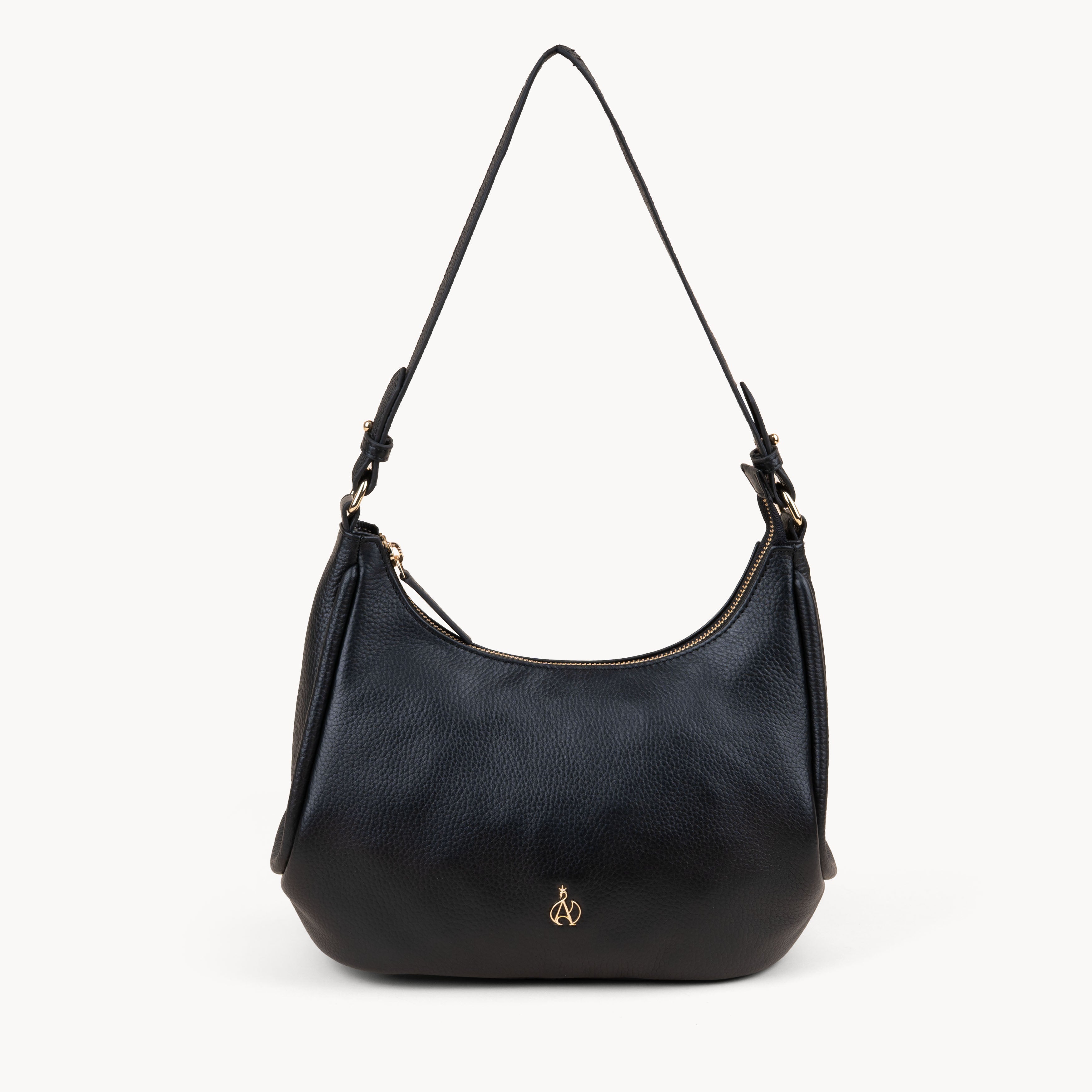 'NATASHA' Black Pebble Grain Real Leather Shoulder Bag