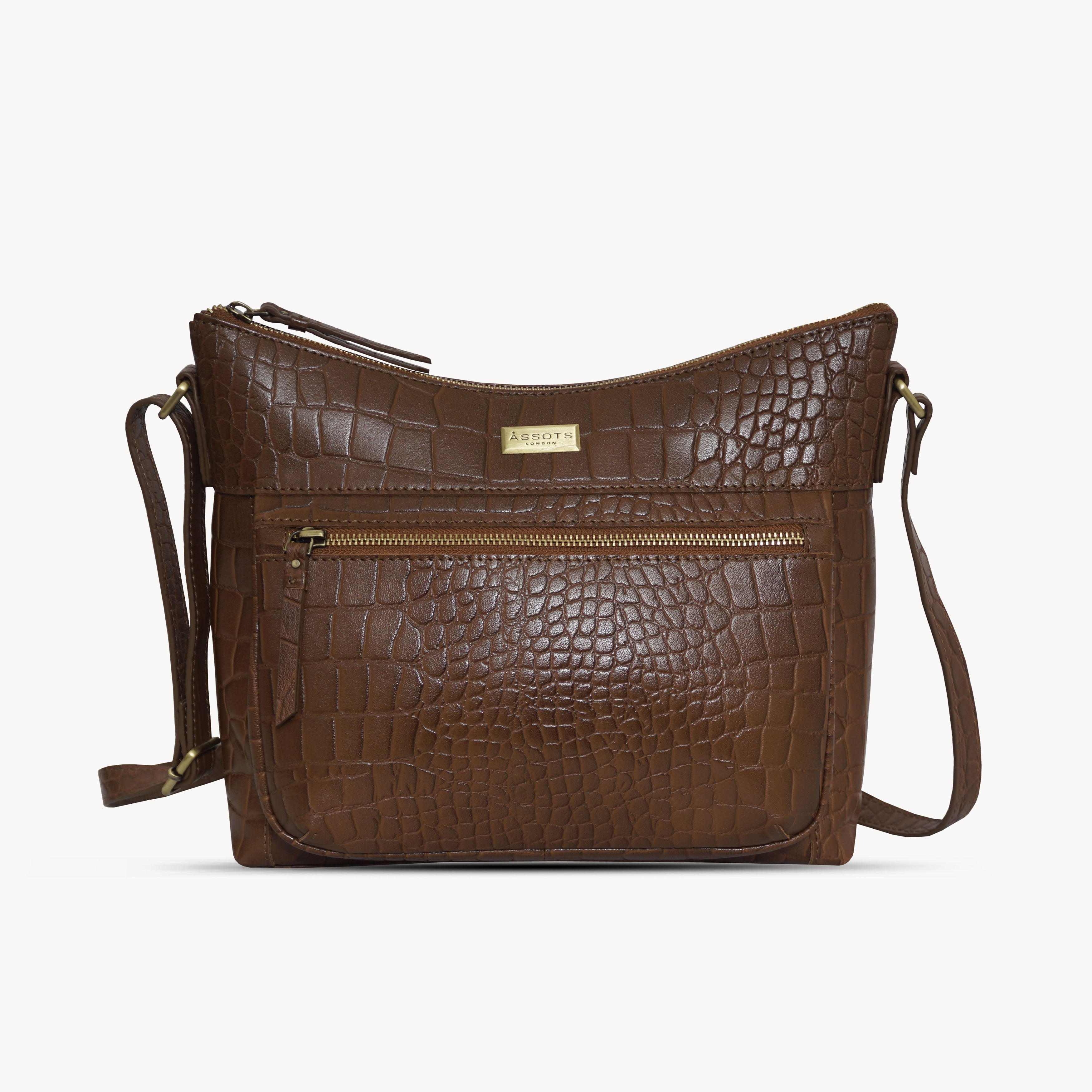 'OLGA' Tan Croc Designer Leather Crossbody Shoulder Bag