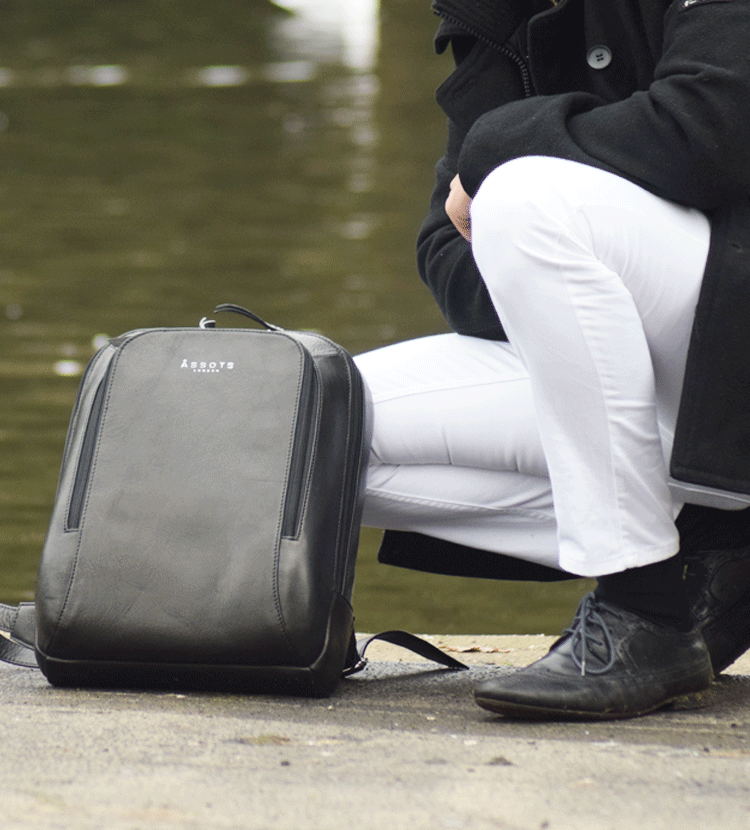 'BAKER' Black Full Grain Leather Double Zip Laptop Backpack