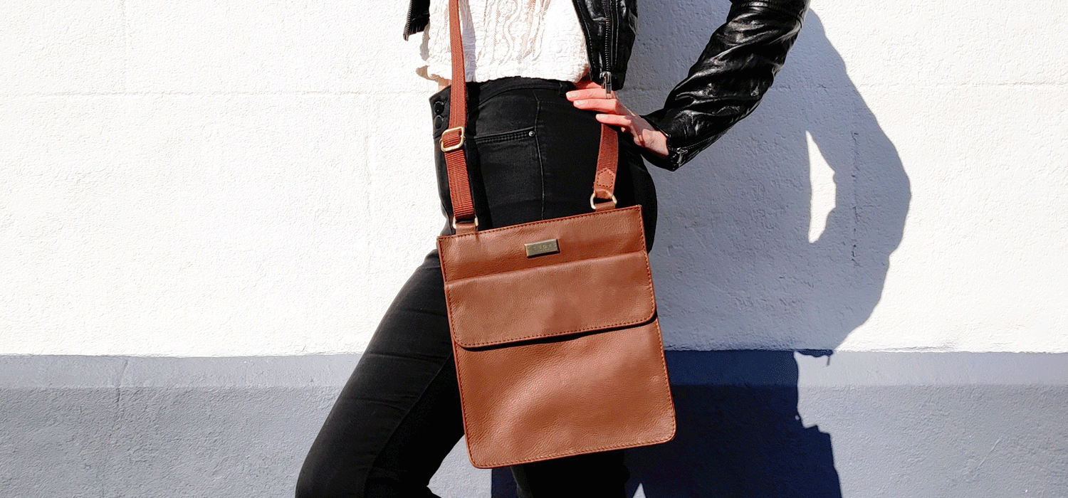 'BRYN' Tan Nappa Pebble Grain Leather Crossbody Bag