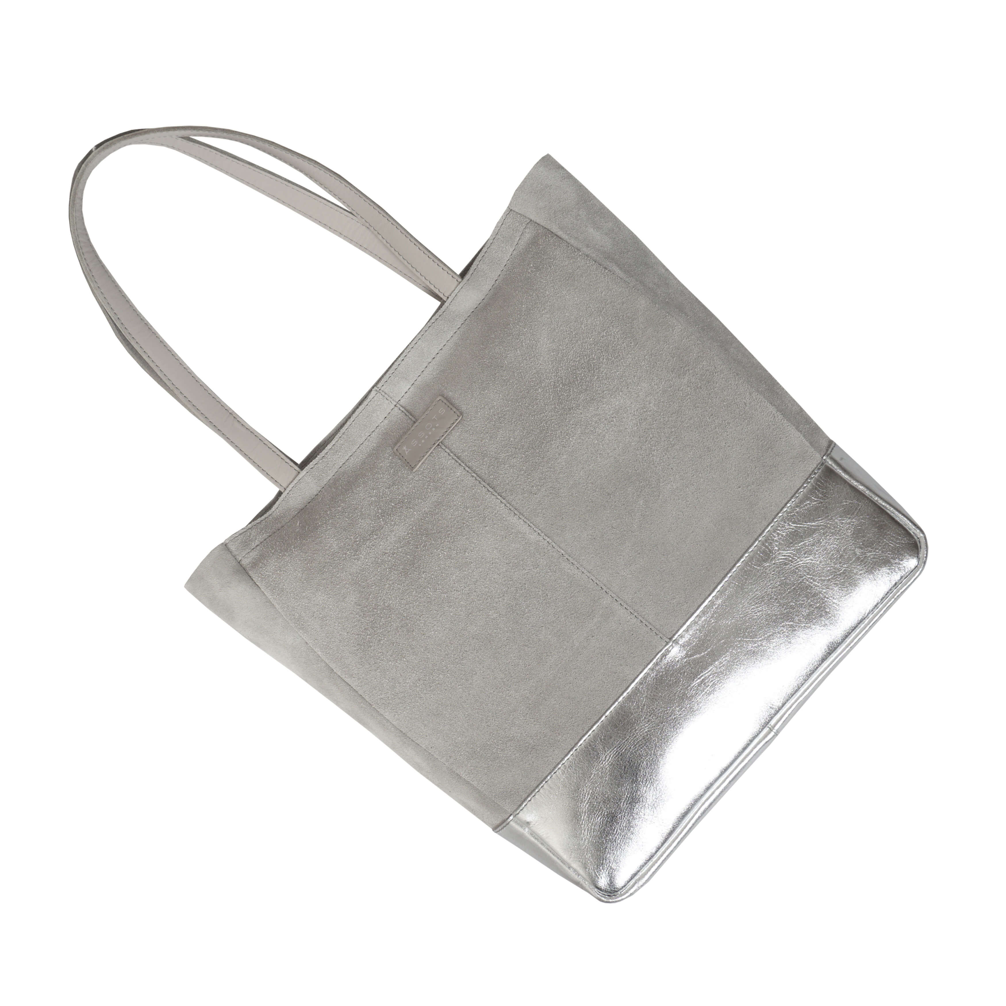 'PAIGE' Grey Real Leather + Silver Metallic Leather Tote Bag