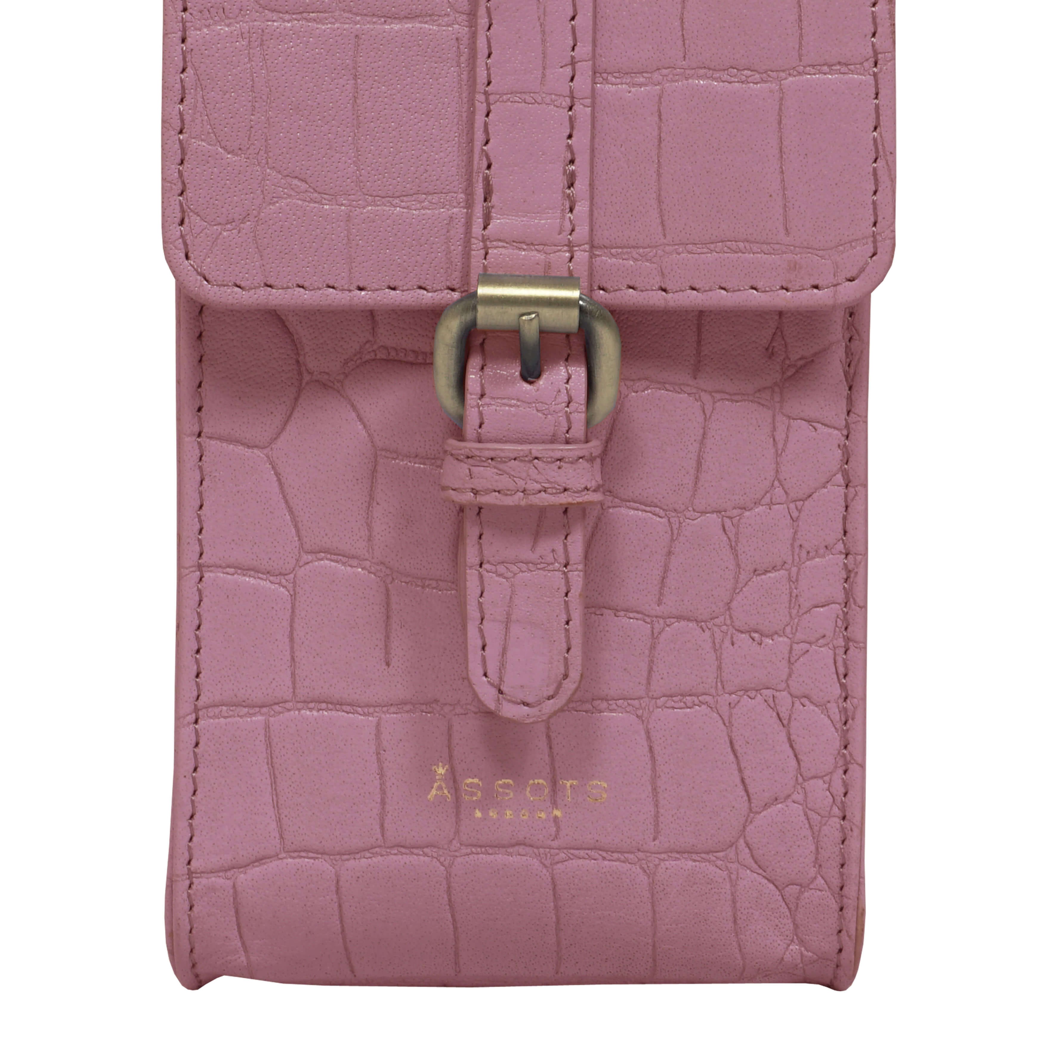 'PETRA' Pink Croc Real Leather Mobile Phone Crossbody Bag