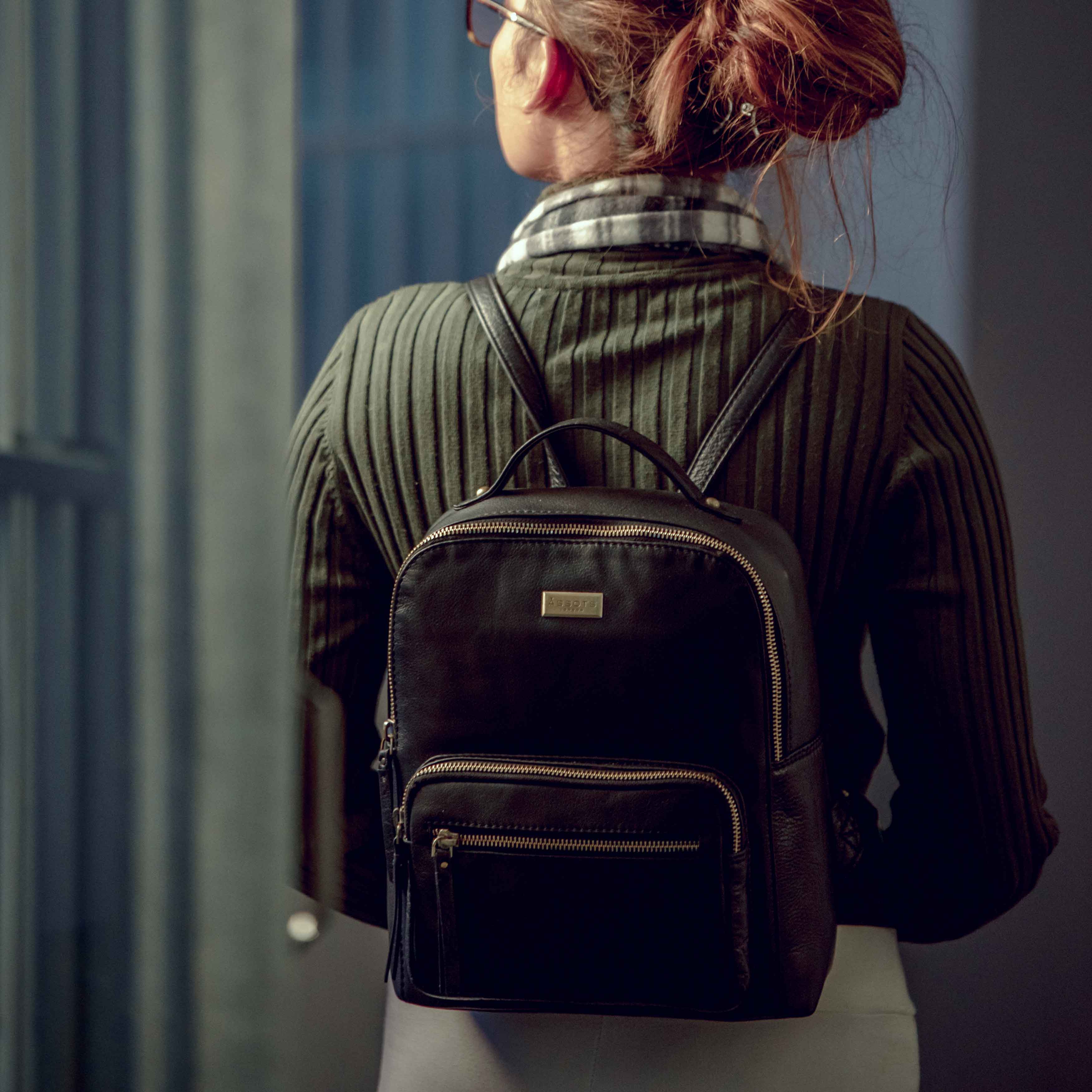 'ANGEL' Black Nappa Full Grain Leather Zip-top Backpack