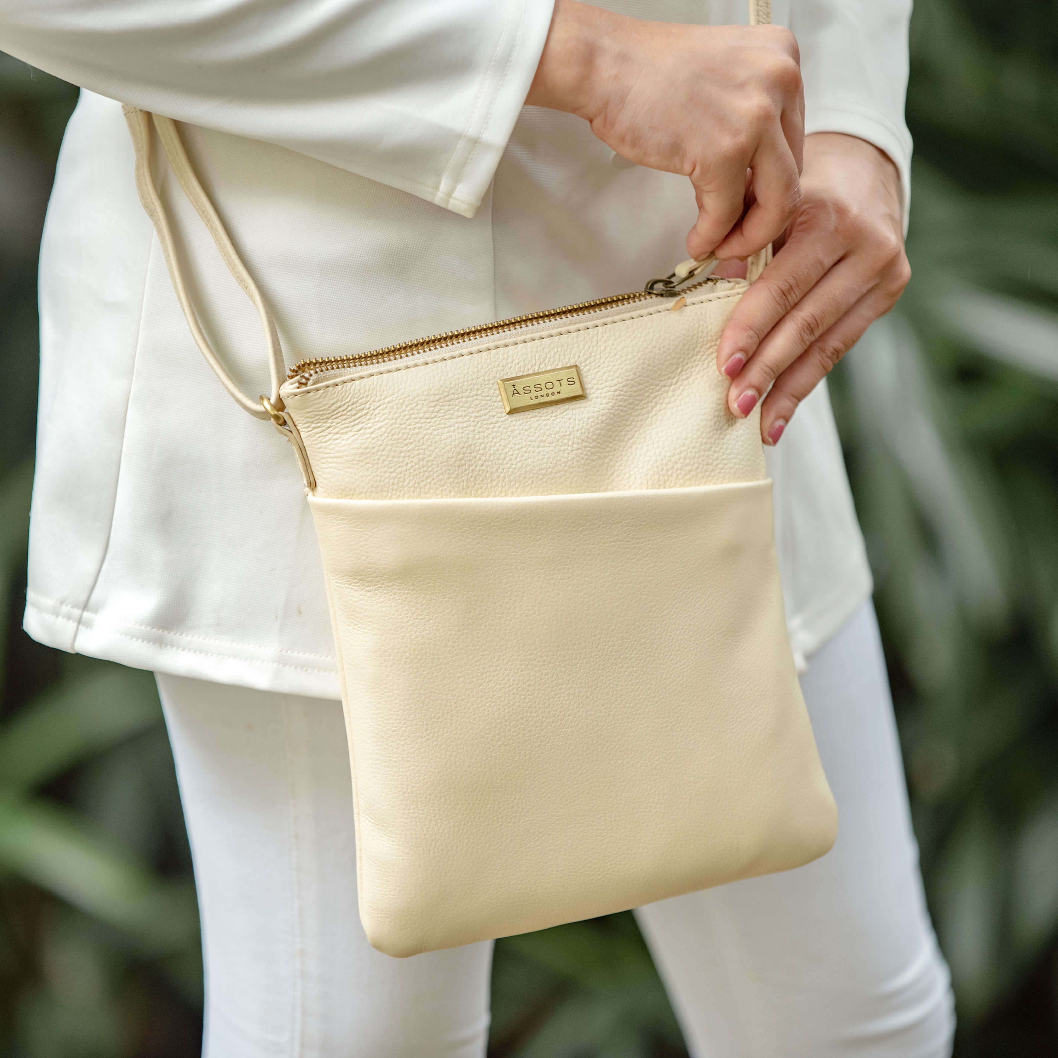 'LINBY' Cream Pebble Grain Leather Crossbody Bag