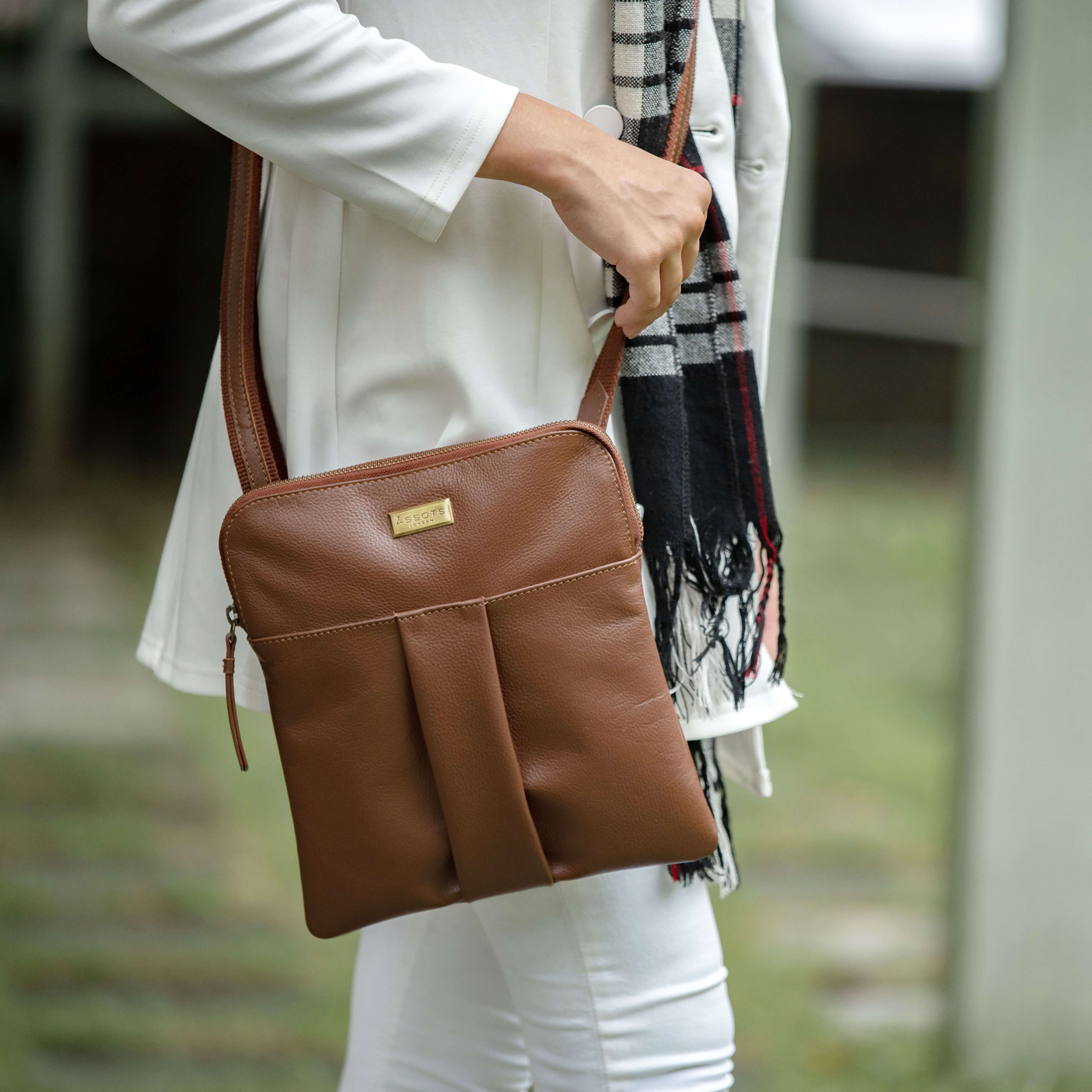'ELSIE' Tan Pebble Grain Leather Zip Top Crossbody Bag