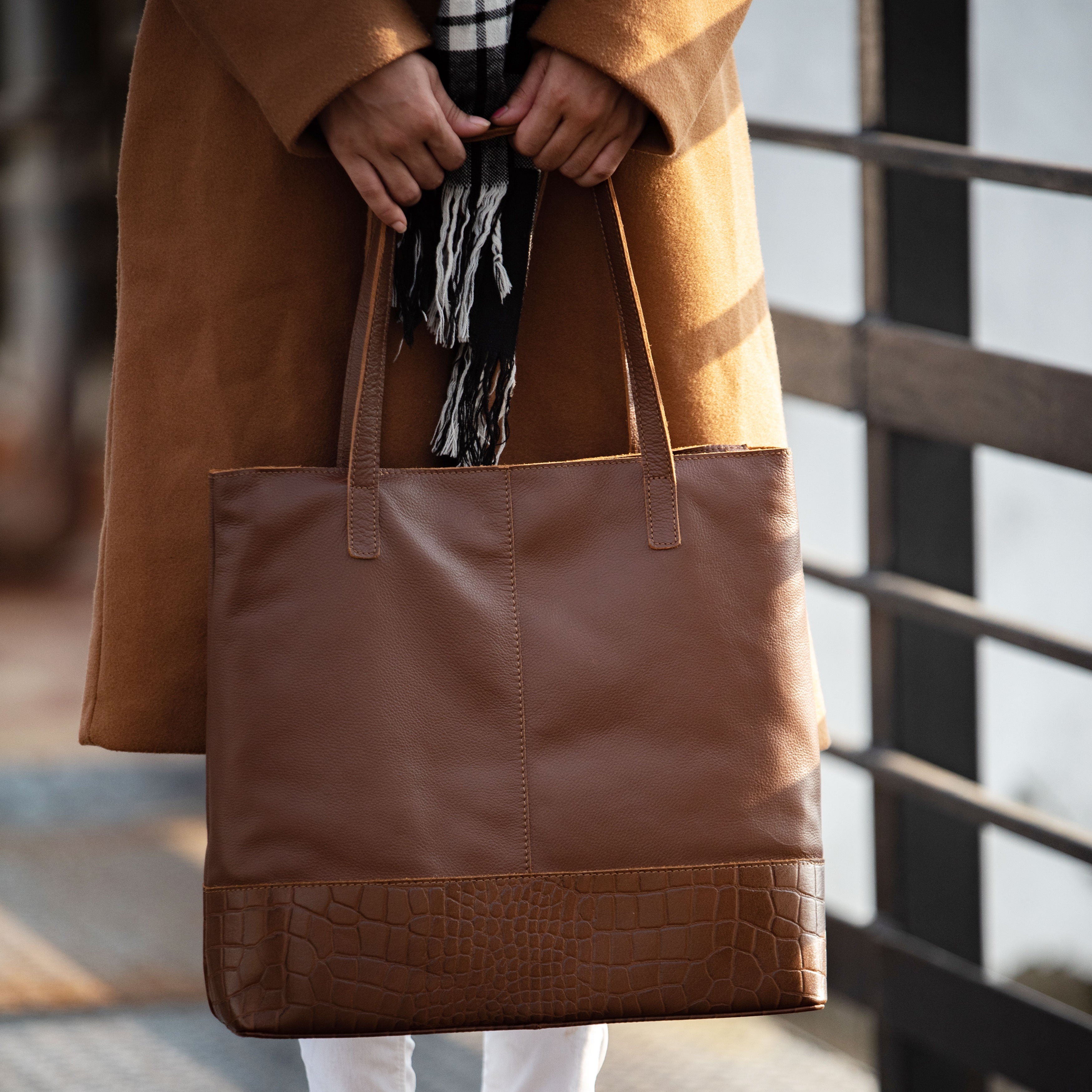 'SIENNA' Tan Croc + Pebble Grain Unlined Leather Tote Bag
