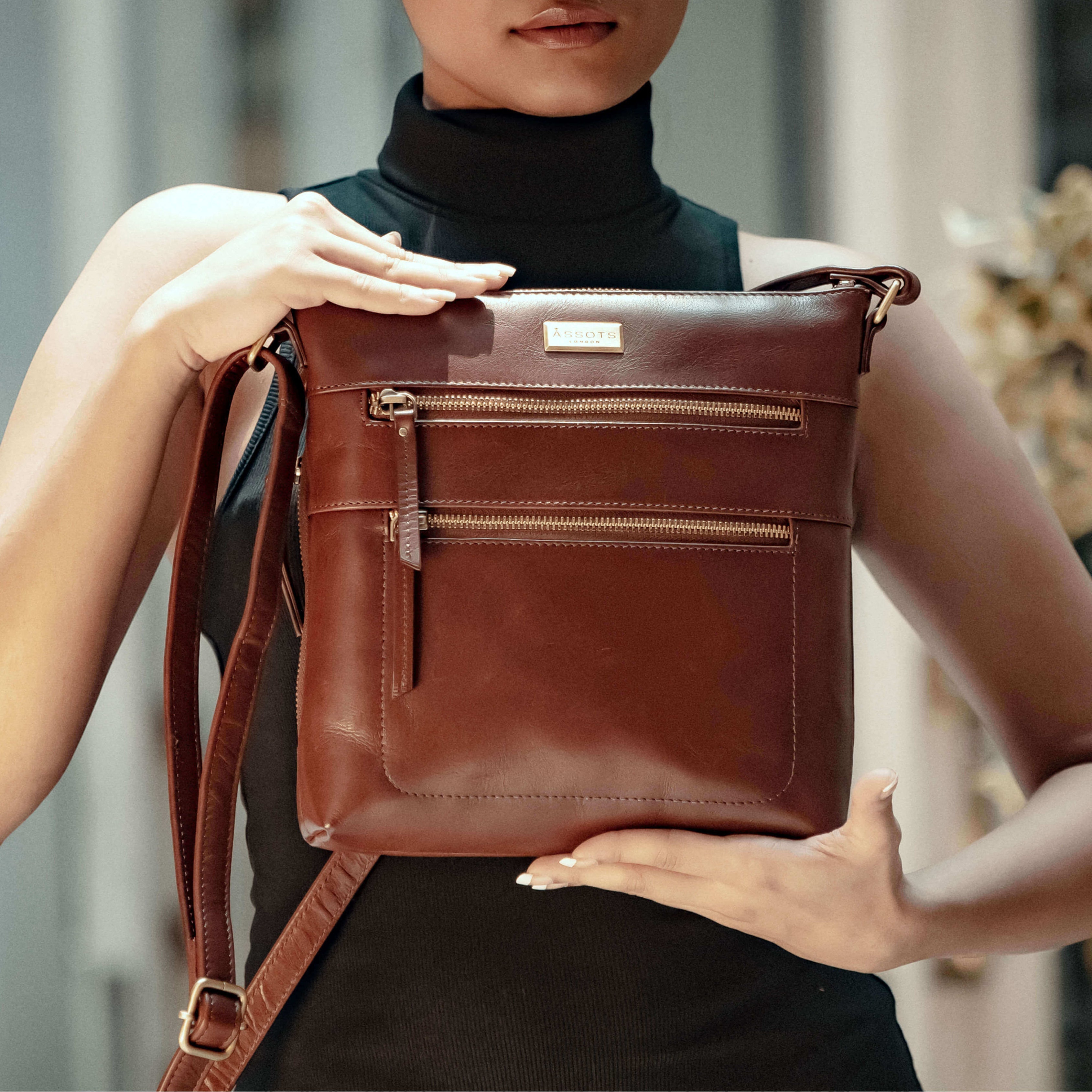 'CORI' Brown Polished VT Real Leather Crossbody Bag