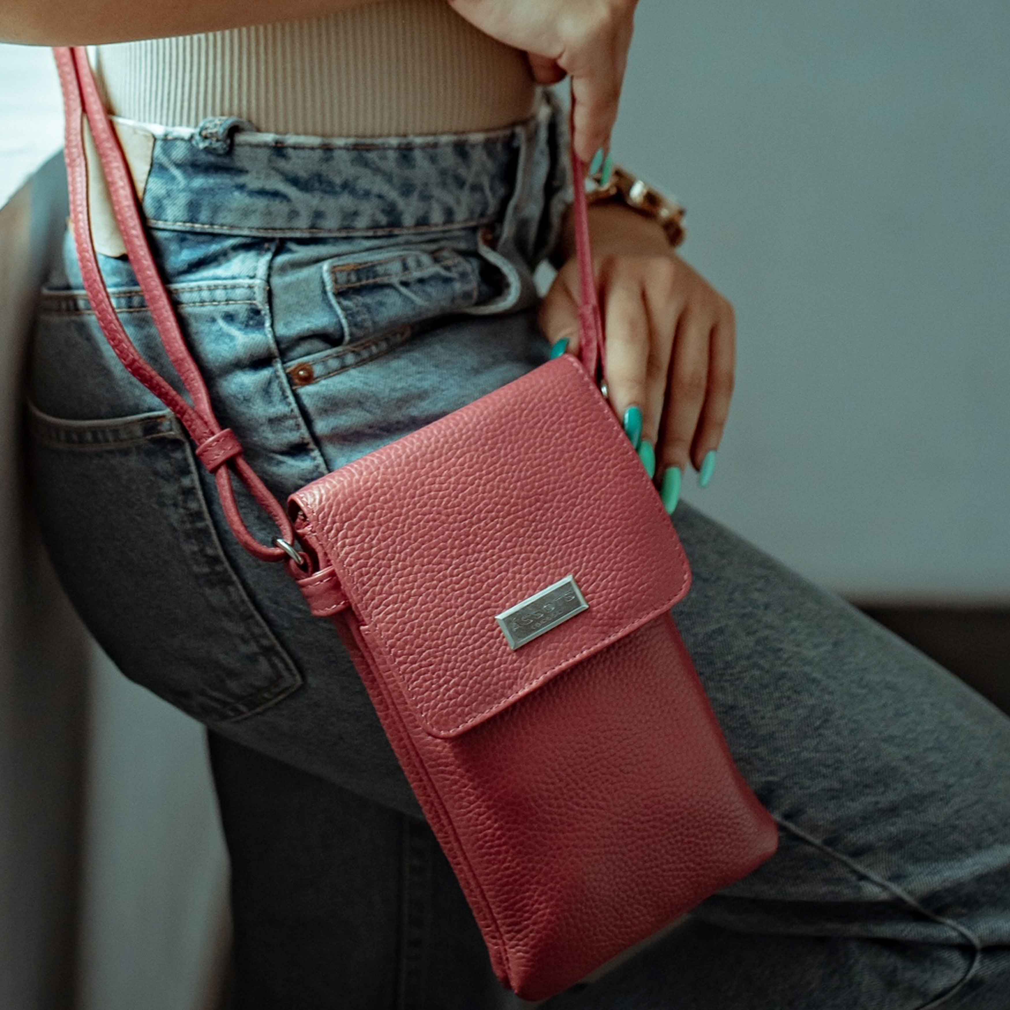 'MARIA' Pink Pebble Grain Real Leather Crossbody Phone Bag